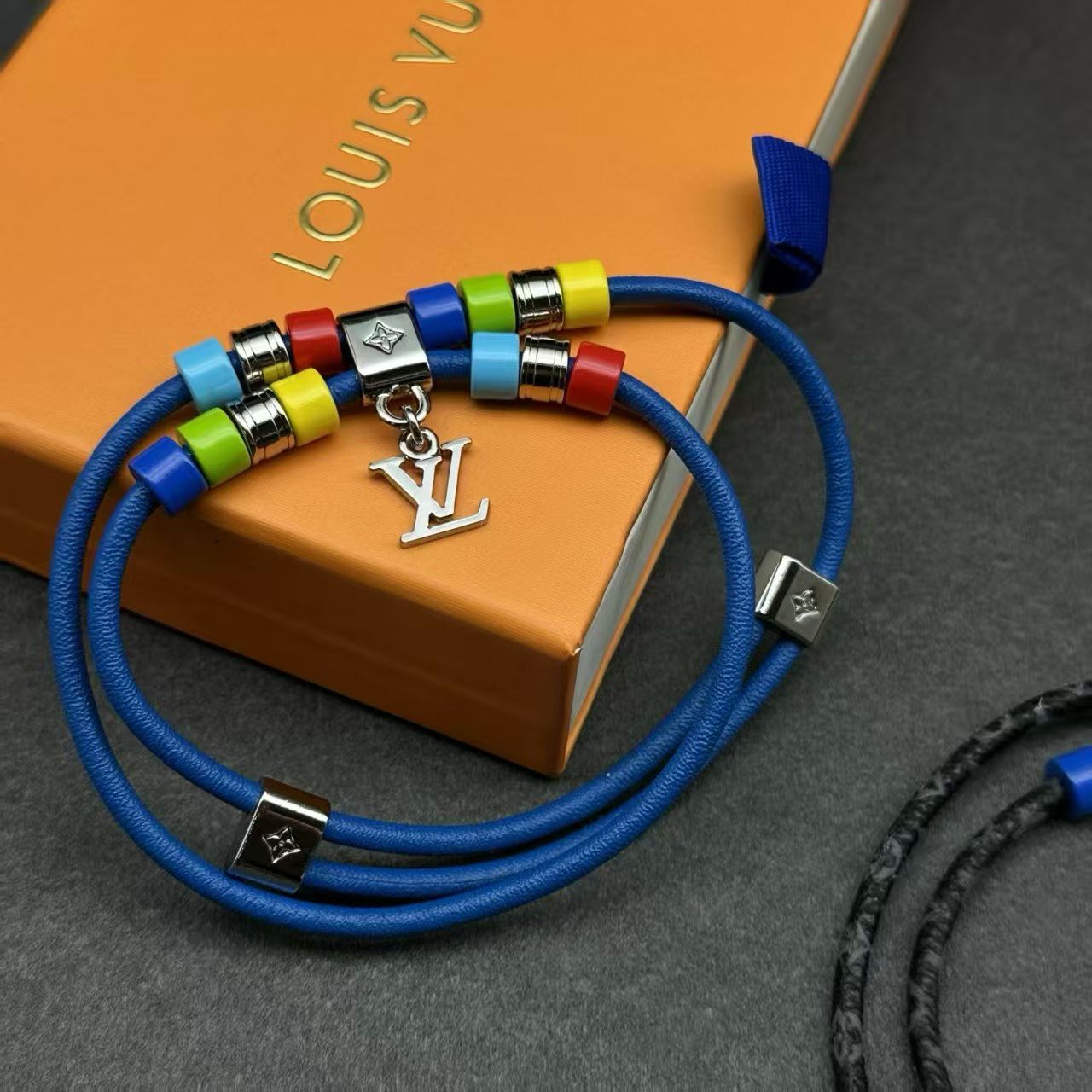 Louis Vuitton Cord Bracelet Multicolor Beads with Silver LV Logo Charm