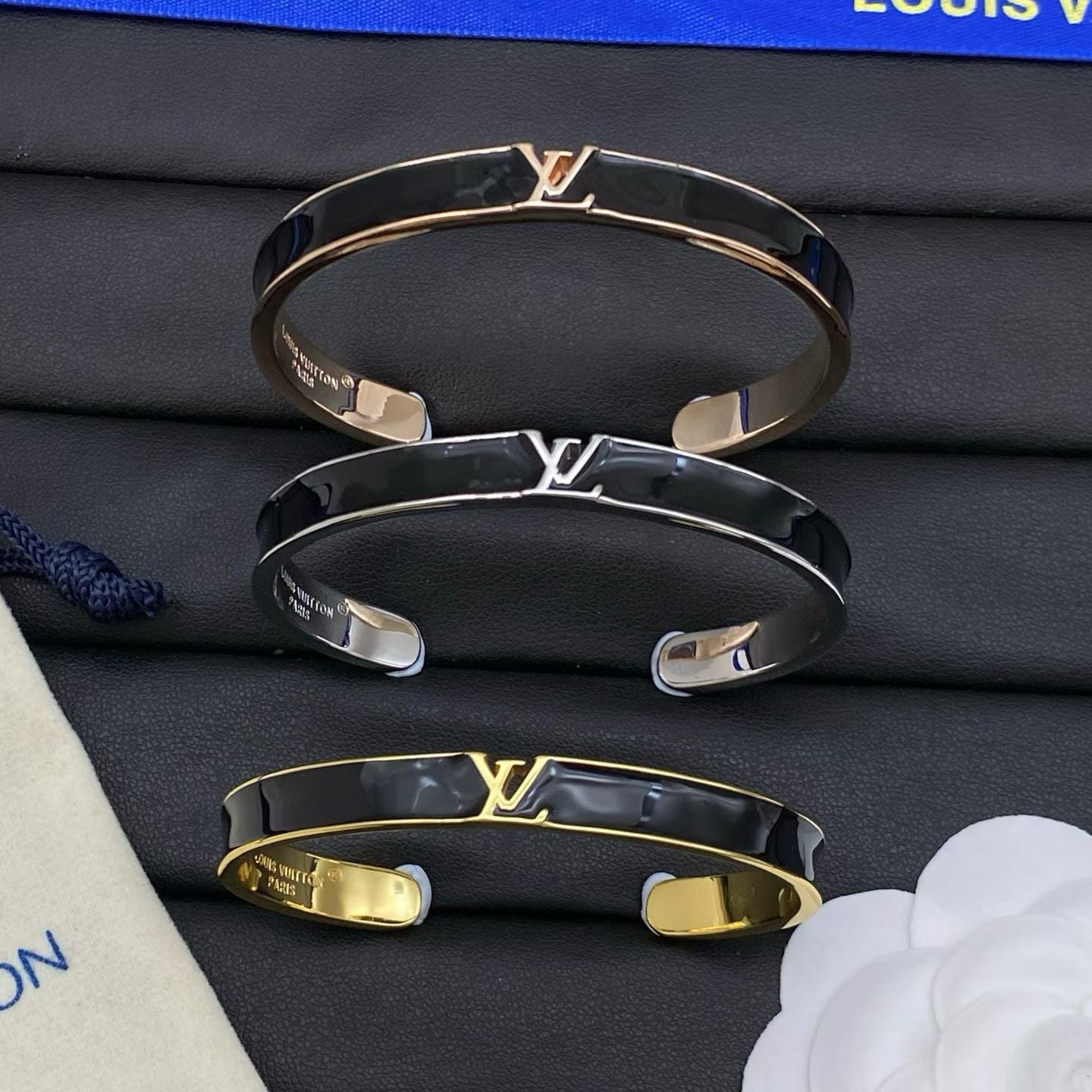 Louis Vuitton LV Logo Bracelet Black Band with Rose Gold, Silver &  Gold Finishes