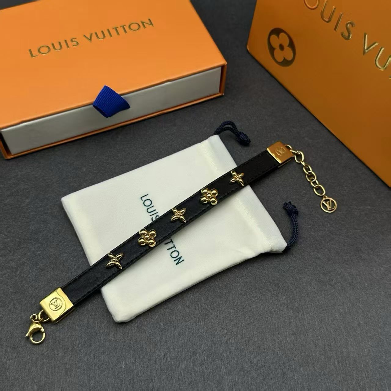 Louis Vuitton Monogram Clover Bracelet – Black Leather with Gold Chain & LV Charm