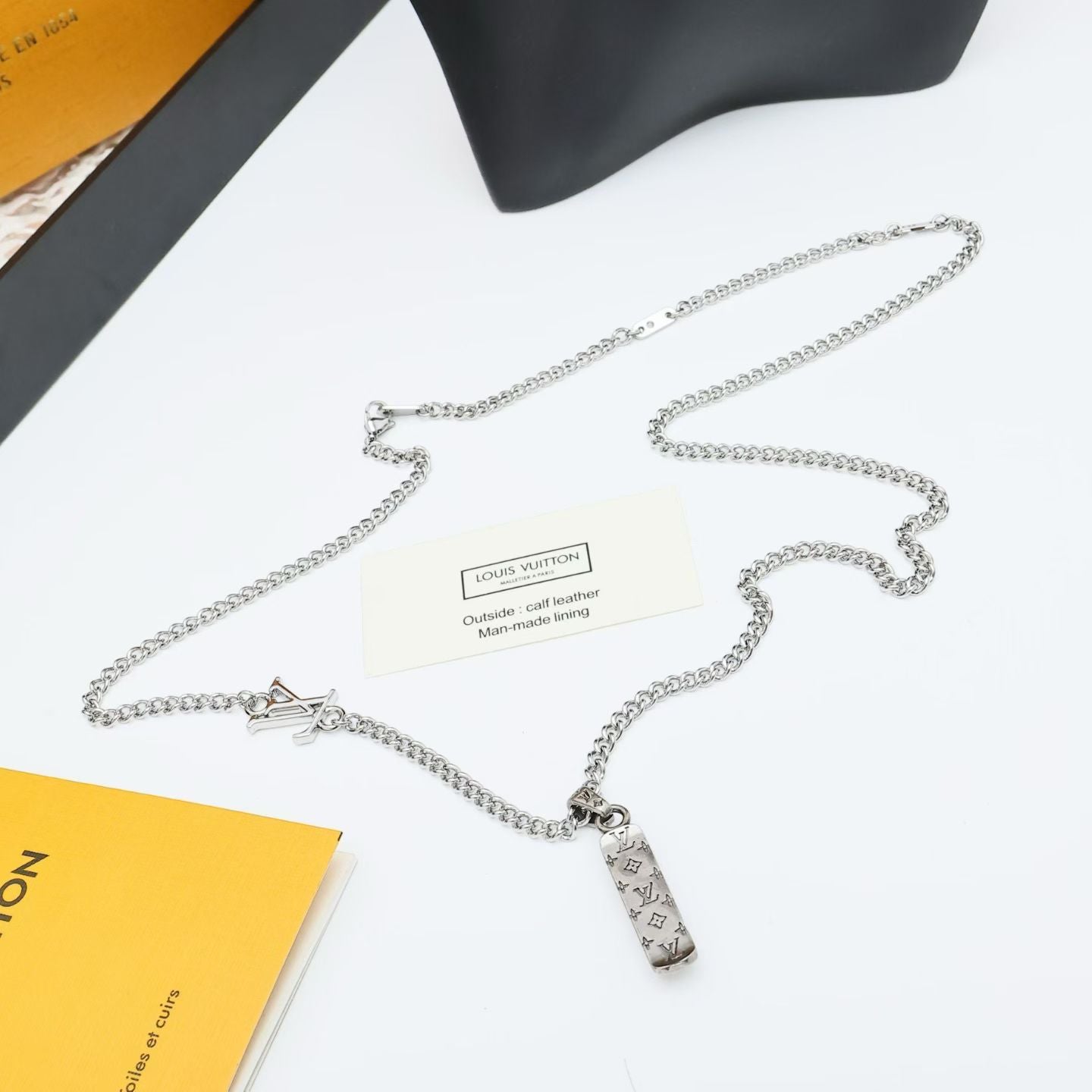 Louis Vuitton Silver Chain Necklace LV Logo Pendant with Engraved Tag