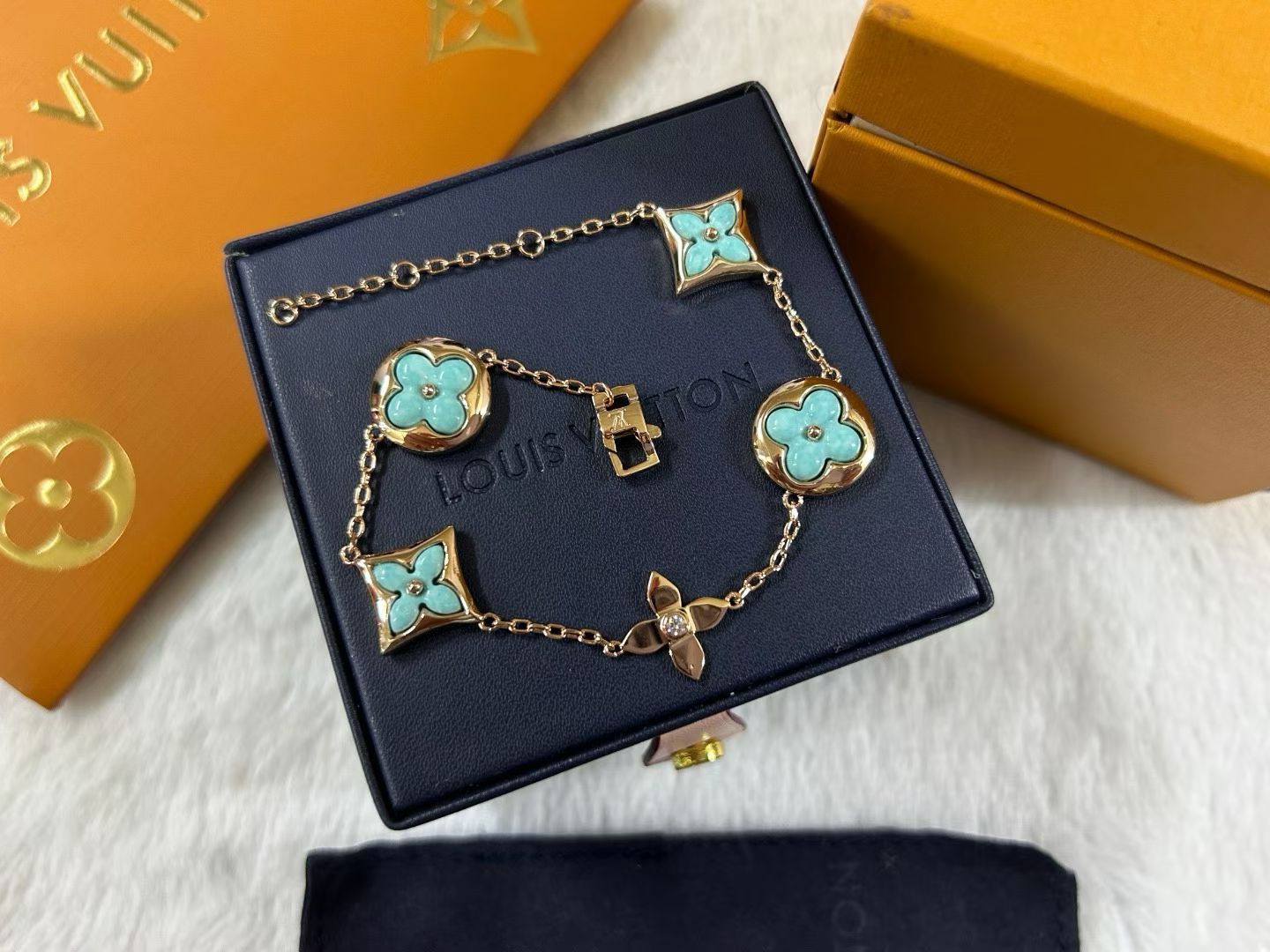 Louis Vuitton Clover Charm Bracelet – Monogram Motifs in Pink & Turquoise Enamel with Gold, Rose Gold & Silver Finishes