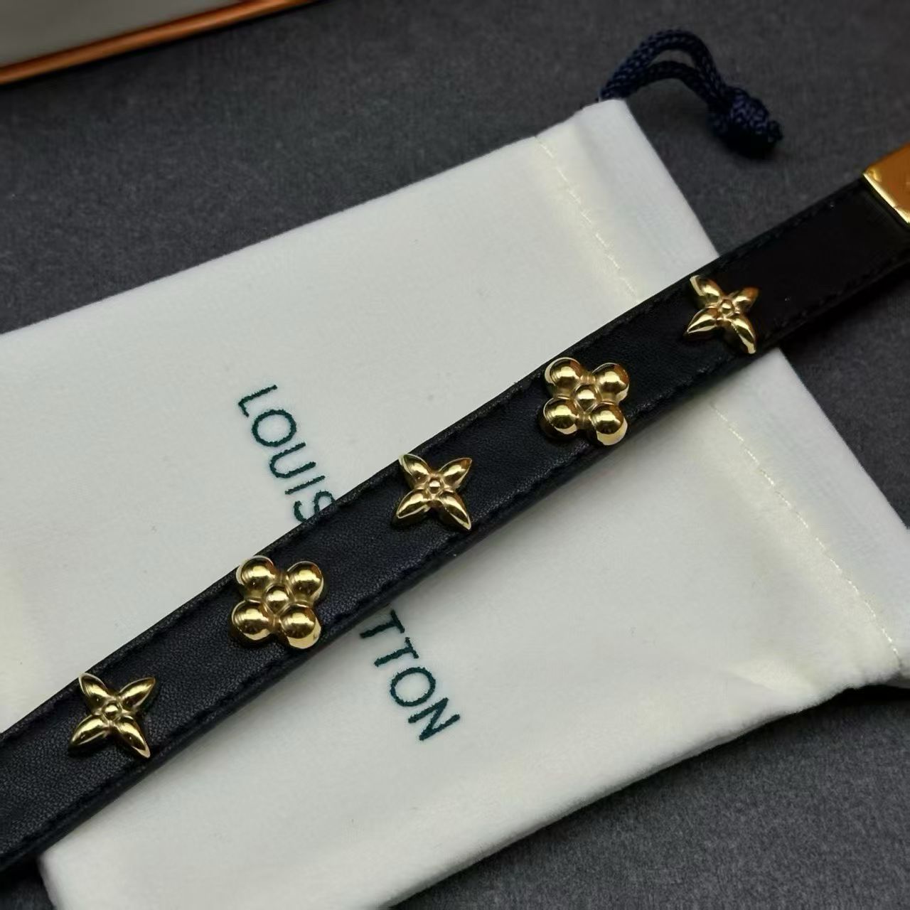 Louis Vuitton Monogram Clover Bracelet – Black Leather with Gold Chain & LV Charm