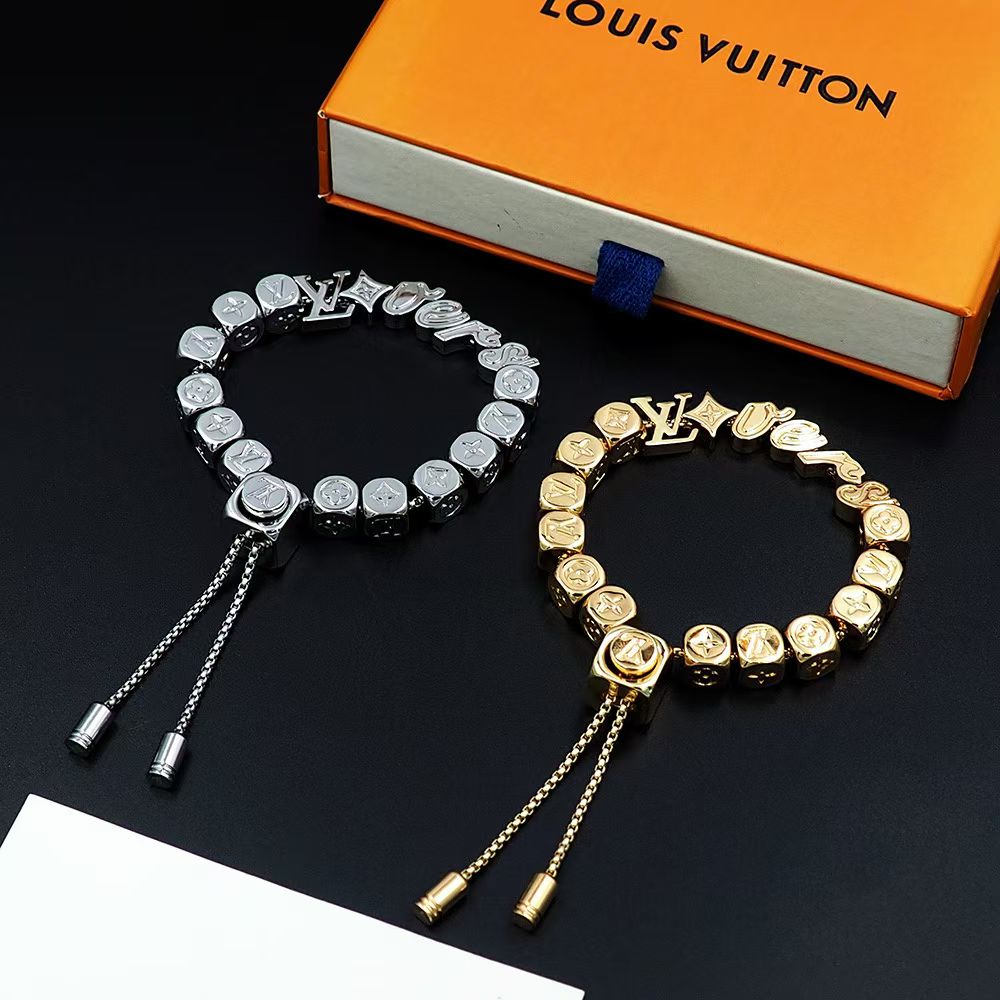 Louis Vuitton Monogram Link Bracelet – Circular Chain with LV Symbols in Silver & Gold