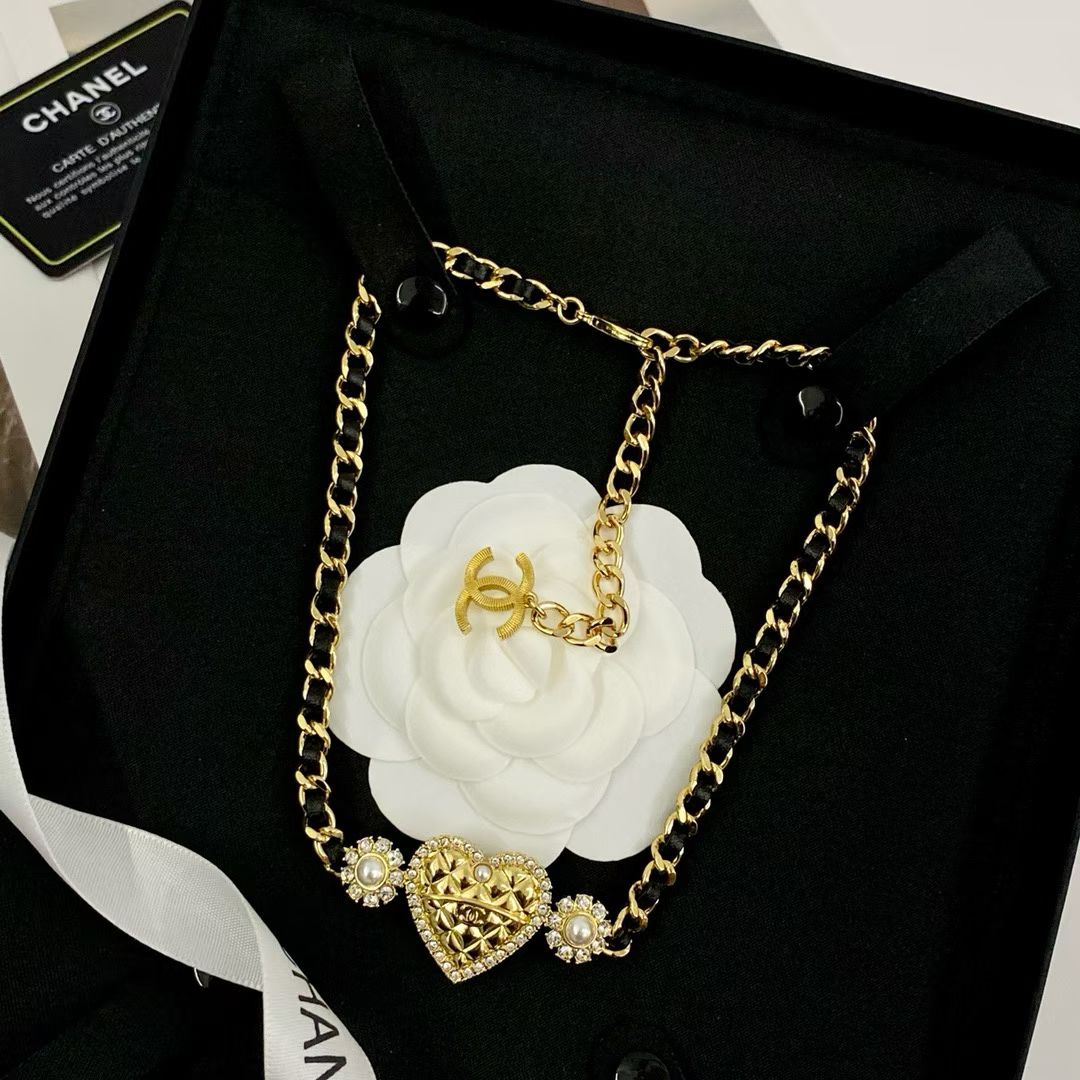 Chanel Gold Heart Necklace – Camellia Flowers with Pearl Centers & CC Logo Accent