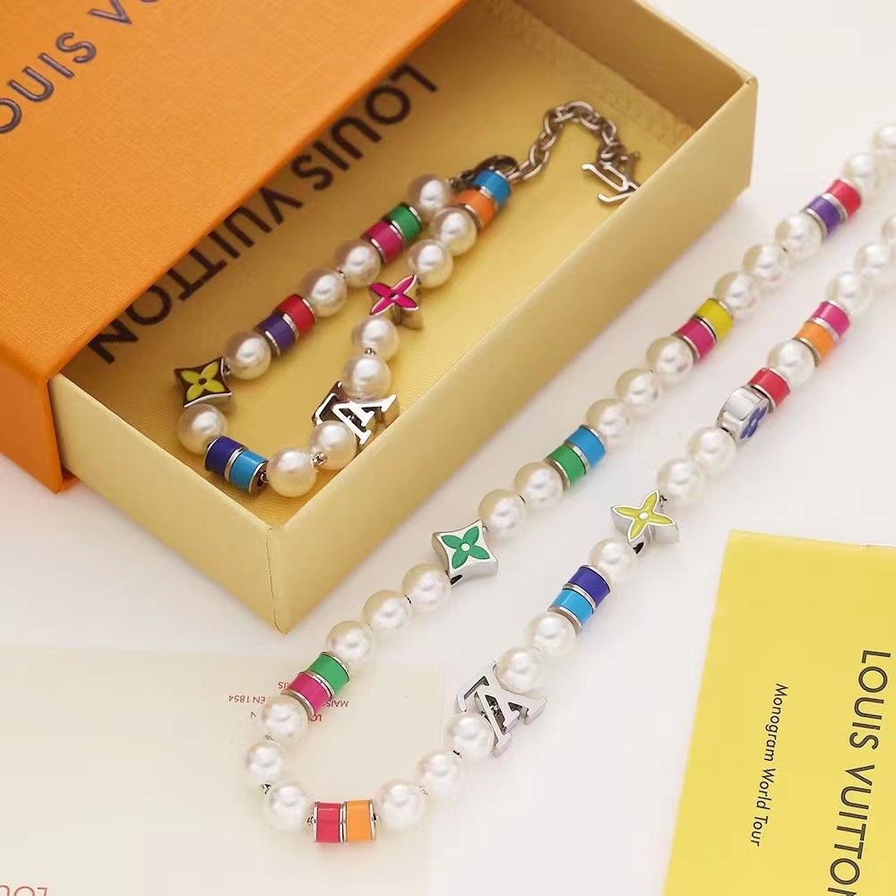 Louis Vuitton Pearl & Bead Jewelry Set – Colorful Necklace & Bracelet with LV Logo Charms