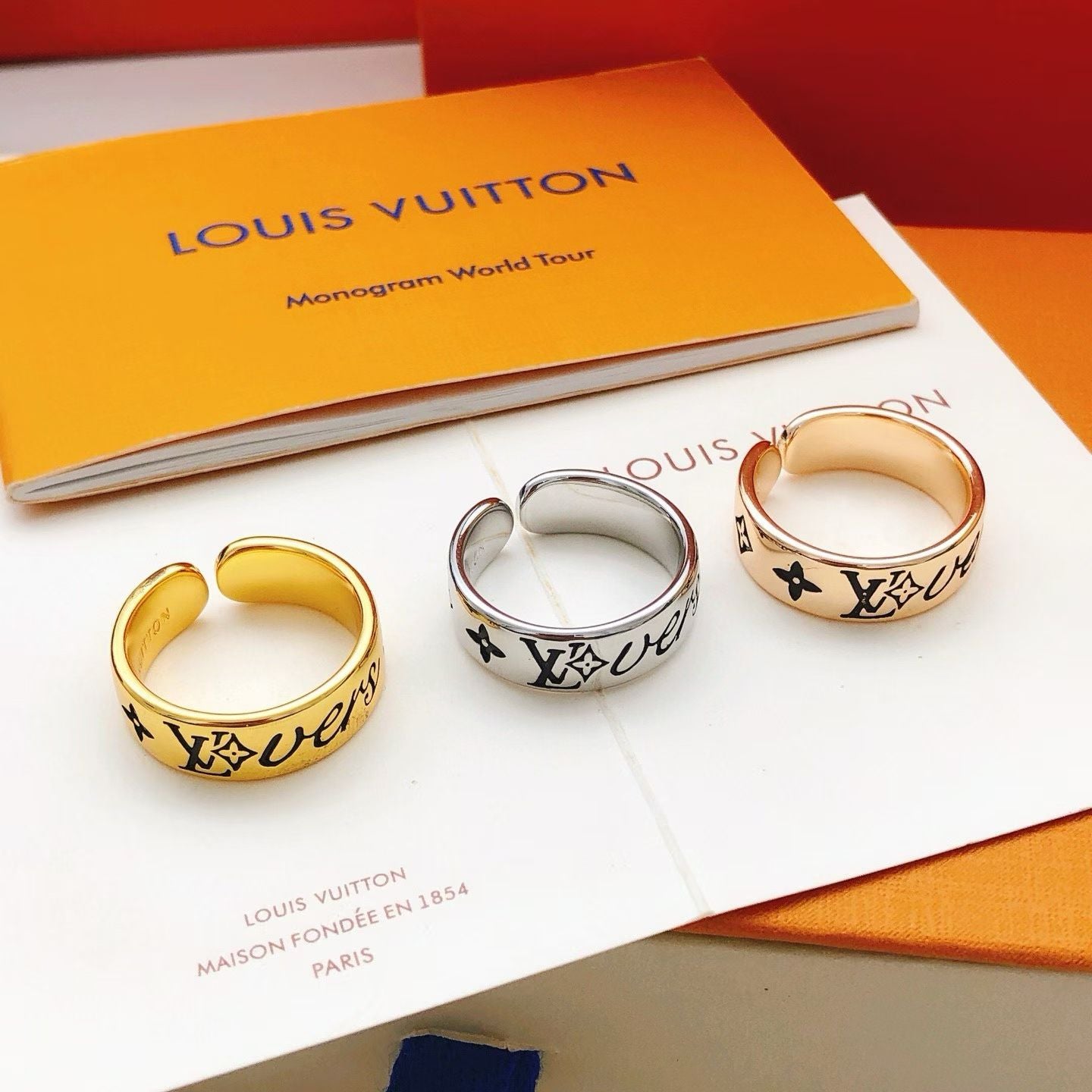 Louis Vuitton Metallic Ring Trio – Engraved Gold, Silver & Rose Gold Designer Bands