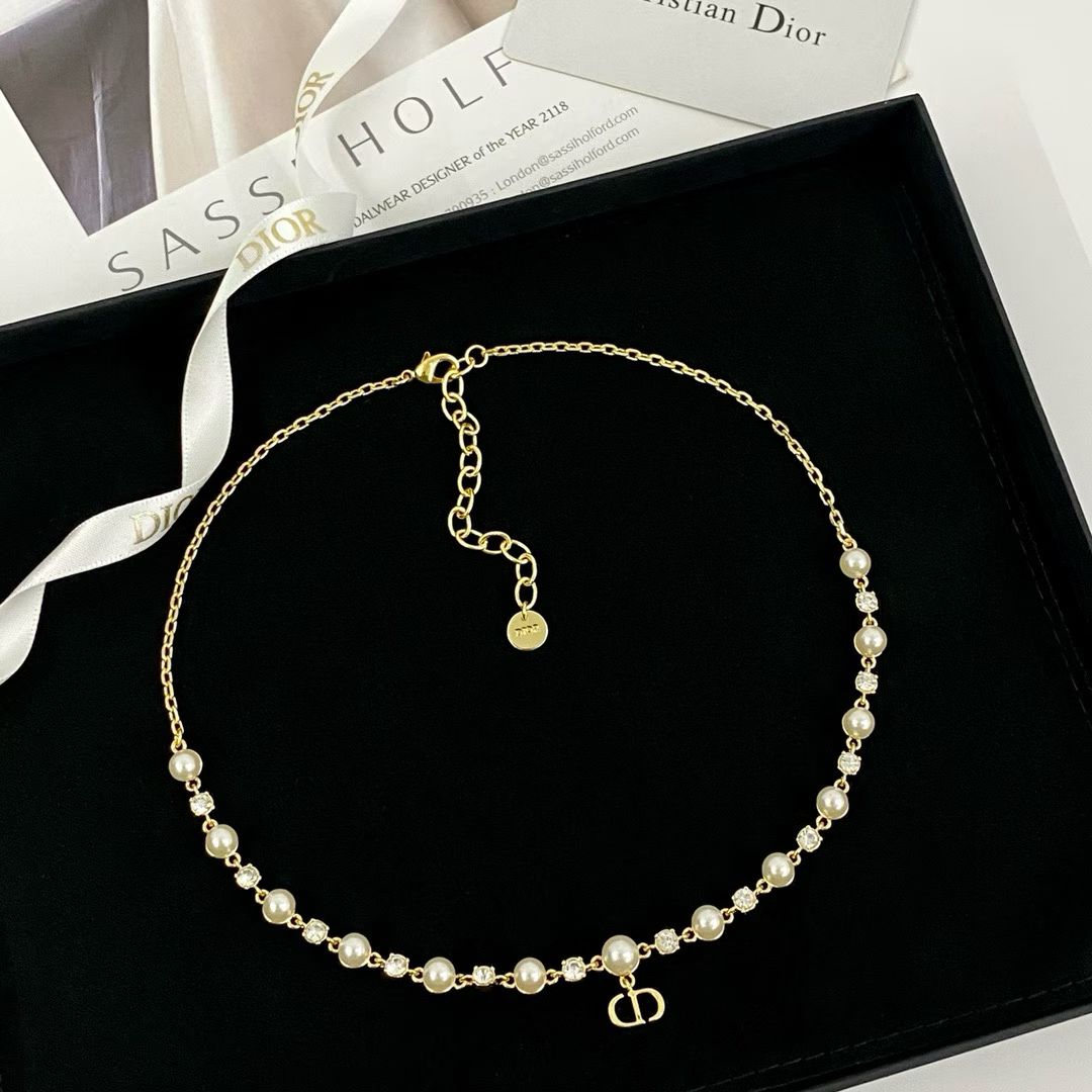 Dior-Inspired Pearl Necklace – Gold Chain with CD Logo Pendant & Gemstone Details