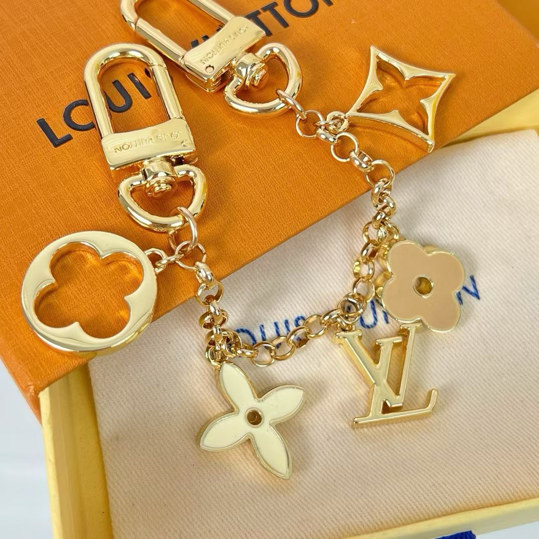 Louis Vuitton Monogram Bag Charms & Keychains – Gold Chains with LV Initials & Floral Enamel Charms