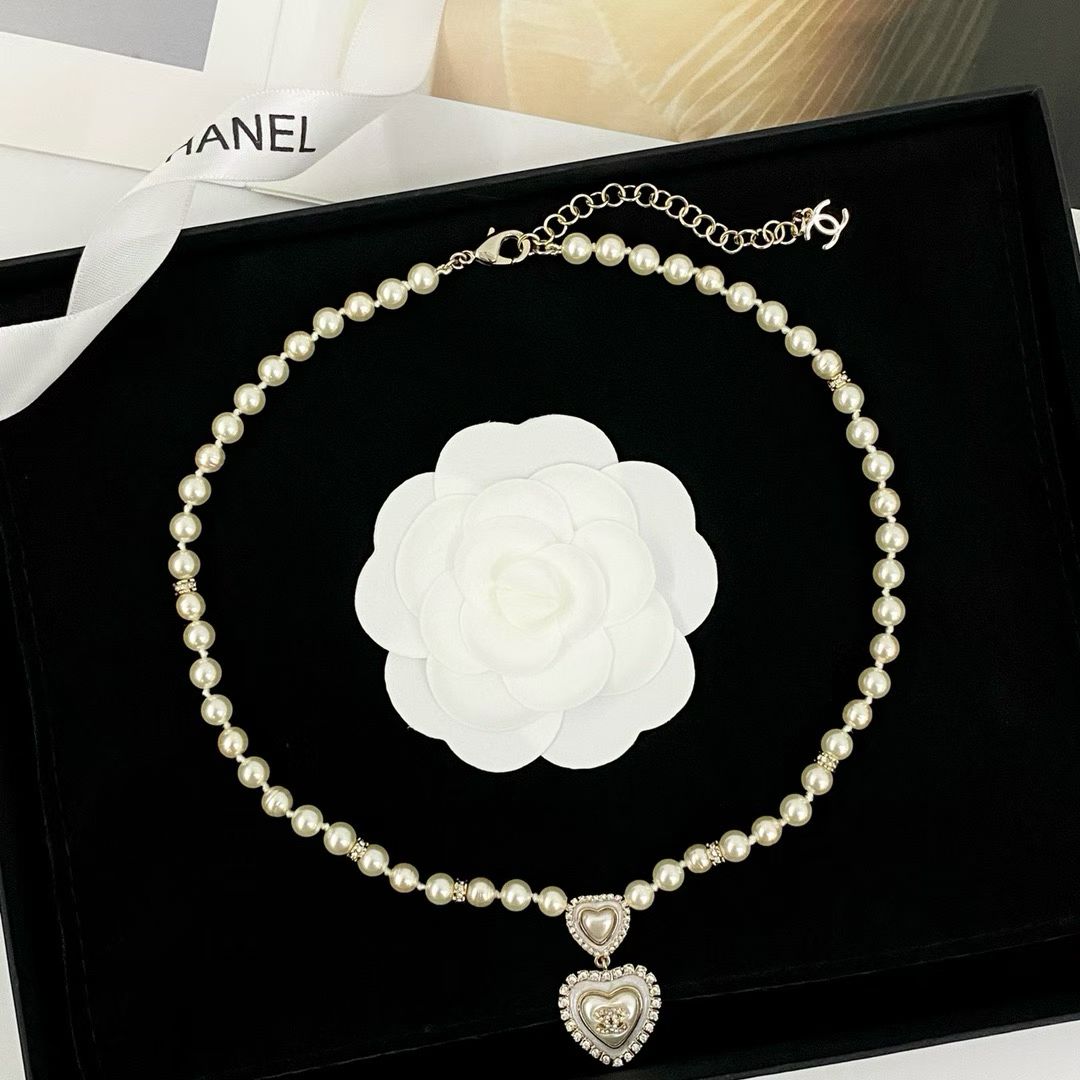 Chanel Pearl Heart Necklace White Pearls with Crystal Heart Pendant & Logo Charm