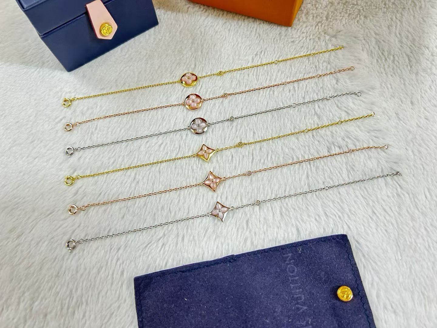 White Charm Bracelet Clover & Star Motifs in Gold, Rose Gold & Silver