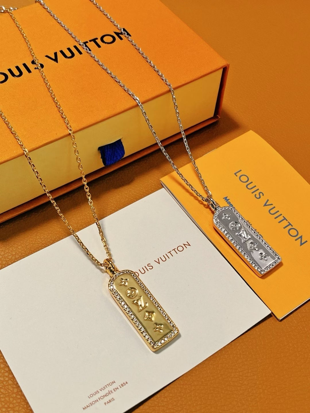 Louis Vuitton Monogram Frame Pendant Necklace Set – Gold & Silver with Crystal Border