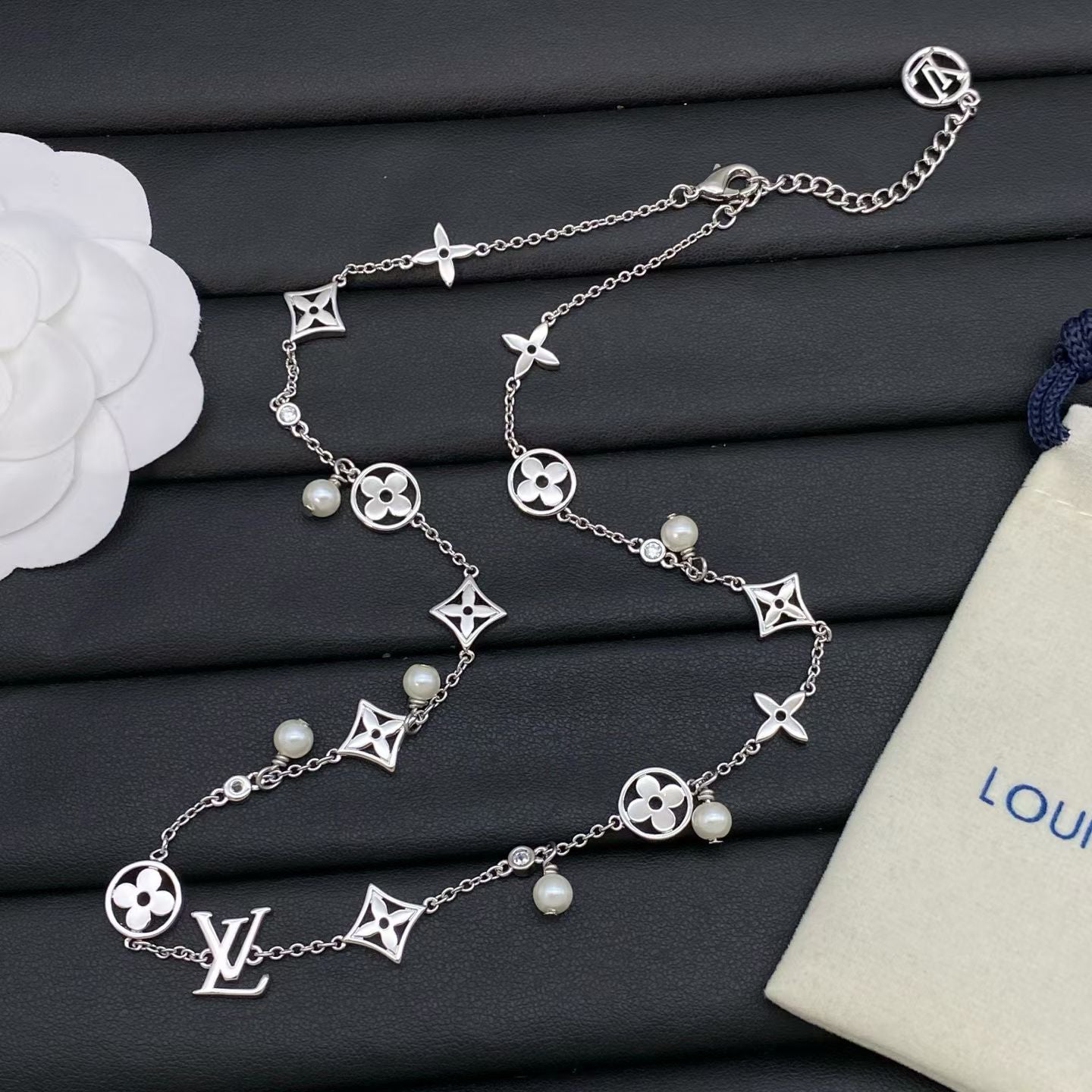 Louis Vuitton Pearl Monogram Necklace Gold & Silver Chain with LV Symbols and Beads