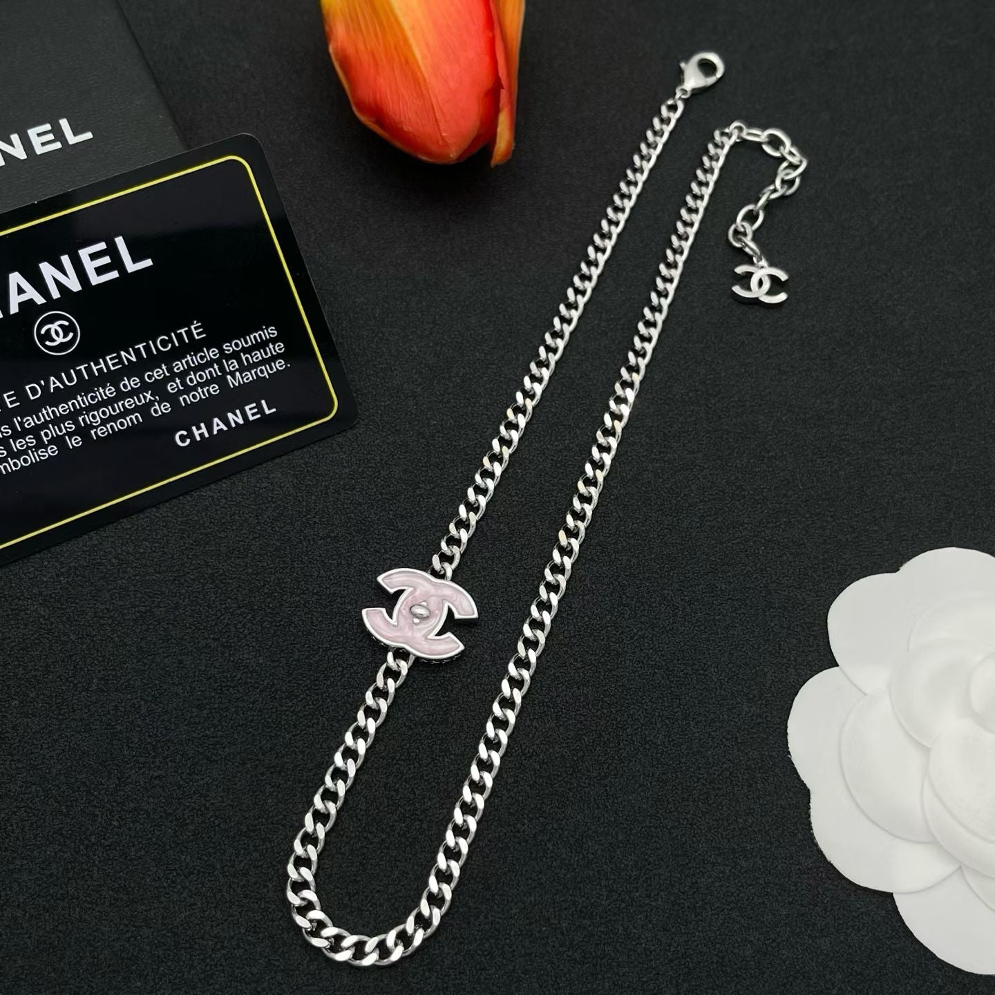 Chanel Interlocking CC Logo Necklace Silver & Gold Curb Chain with Adjustable Charm