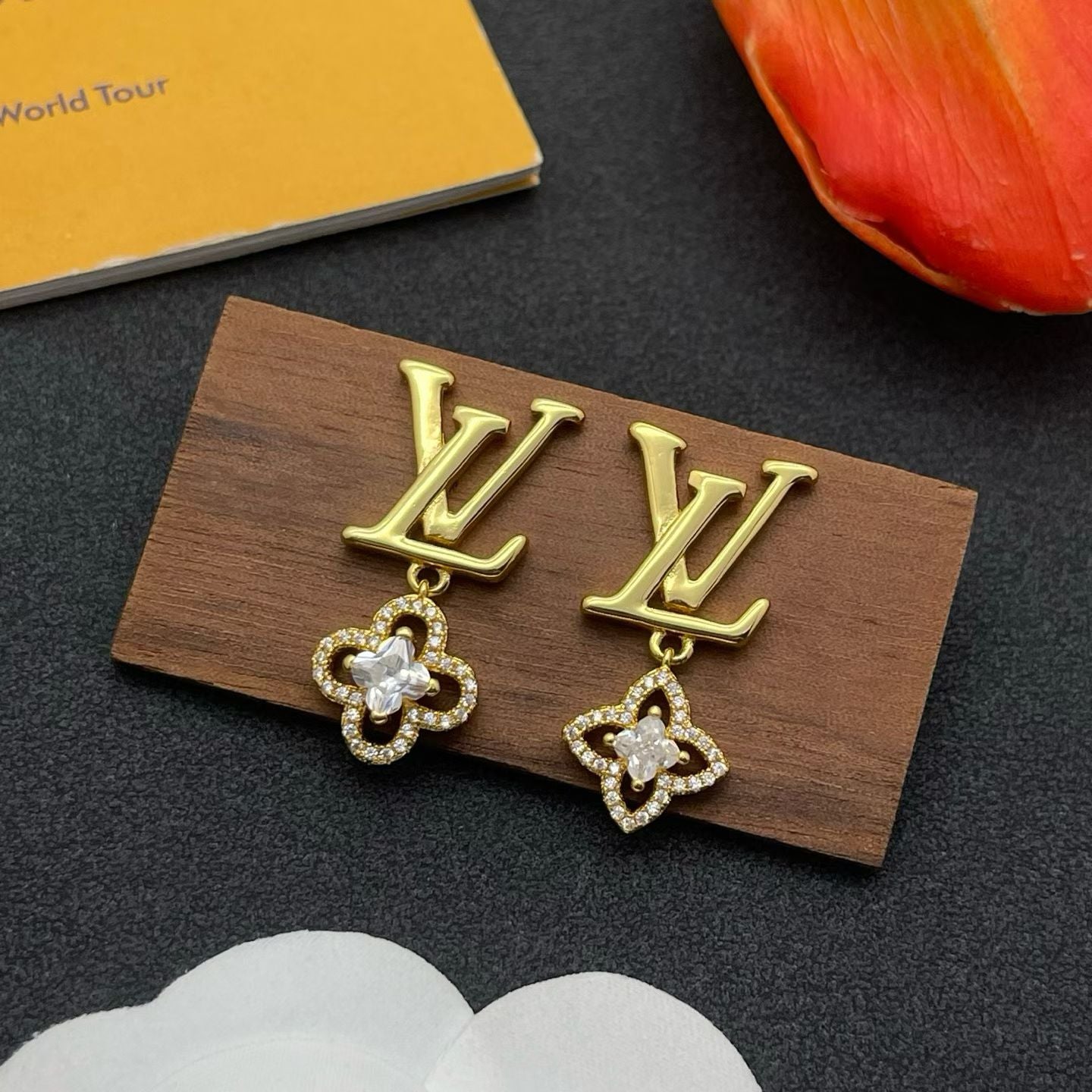 Louis Vuitton Monogram World Tour Earrings – LV Logo with Crystal Flower Drop in Gold & Silver
