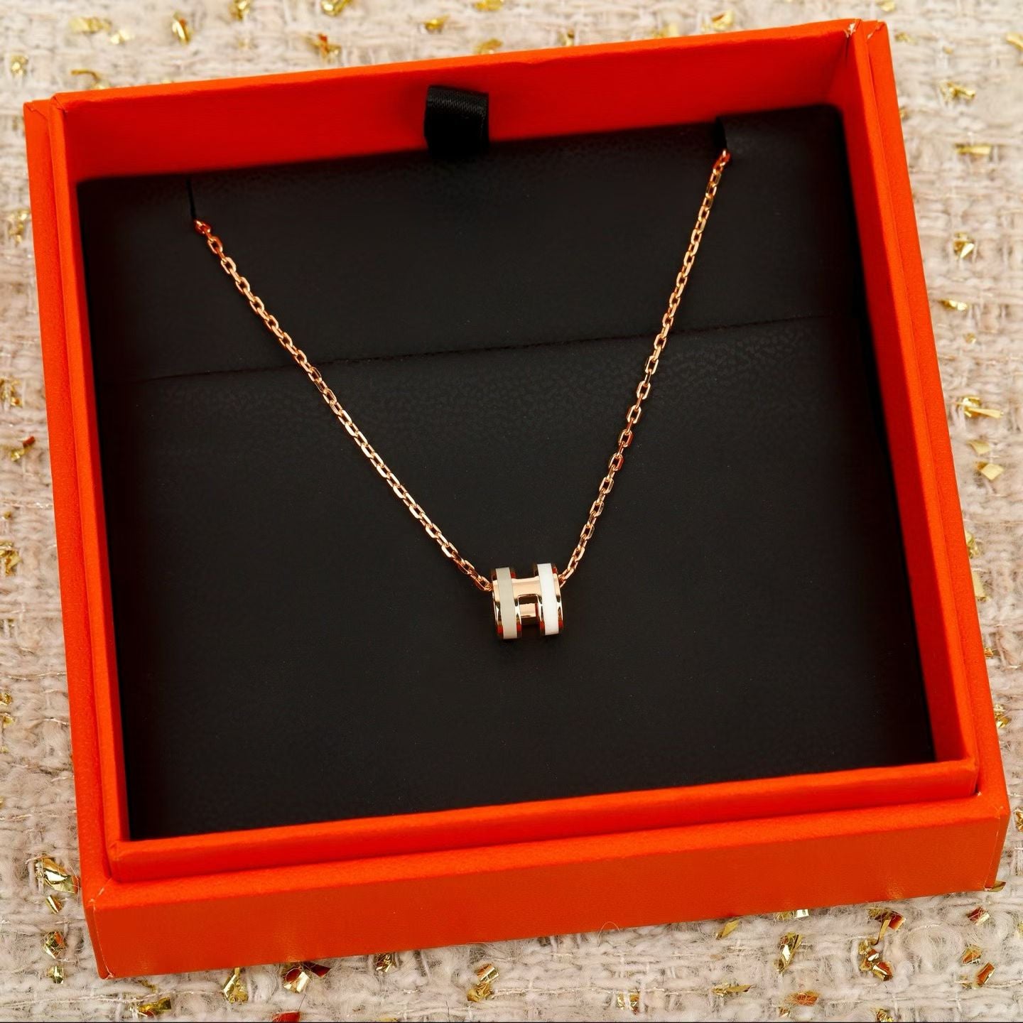 Hermès-Inspired “H” Pendant Necklace Barrel Enamel Design in Pink & White with Gold Chains