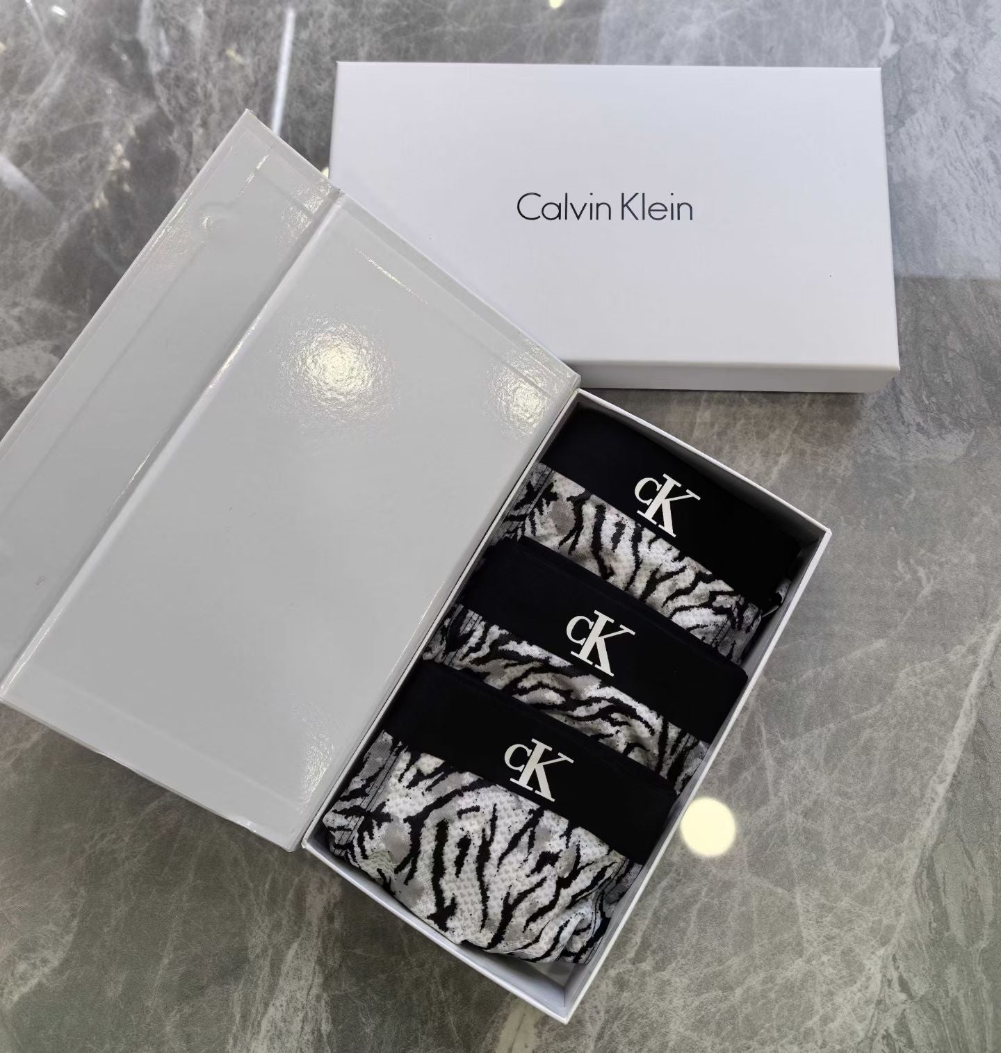 Calvin Klein Men’s Boxer Briefs – 3-Pack in Black & White Tiger Stripe with ck Logo Waistband