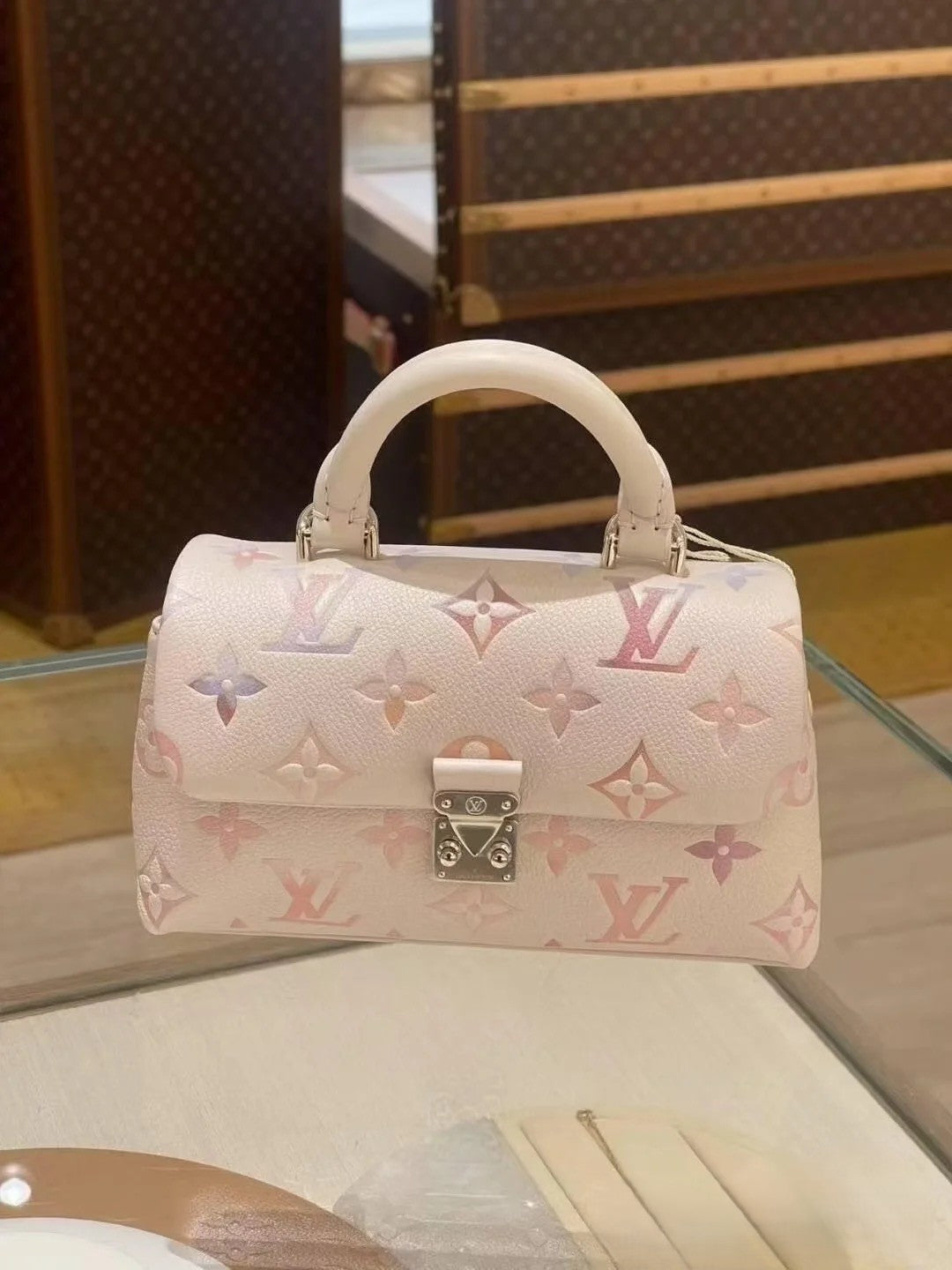 Louis Vuitton Pastel Monogram Flap Bag – White Textured Leather with Top Handle & Metallic Clasp