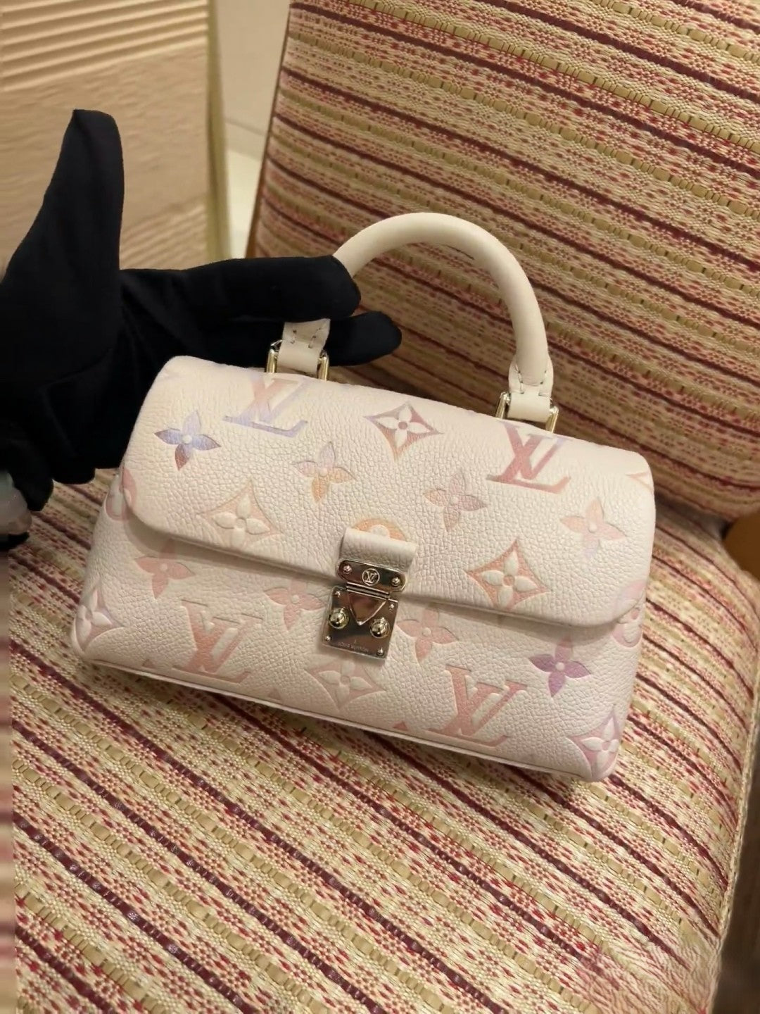 Louis Vuitton Pastel Monogram Flap Bag – White Textured Leather with Top Handle & Metallic Clasp