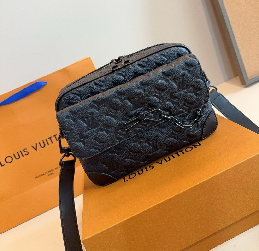 Louis Vuitton Crossbody Bag – Black Embossed Monogram with Chain Accent