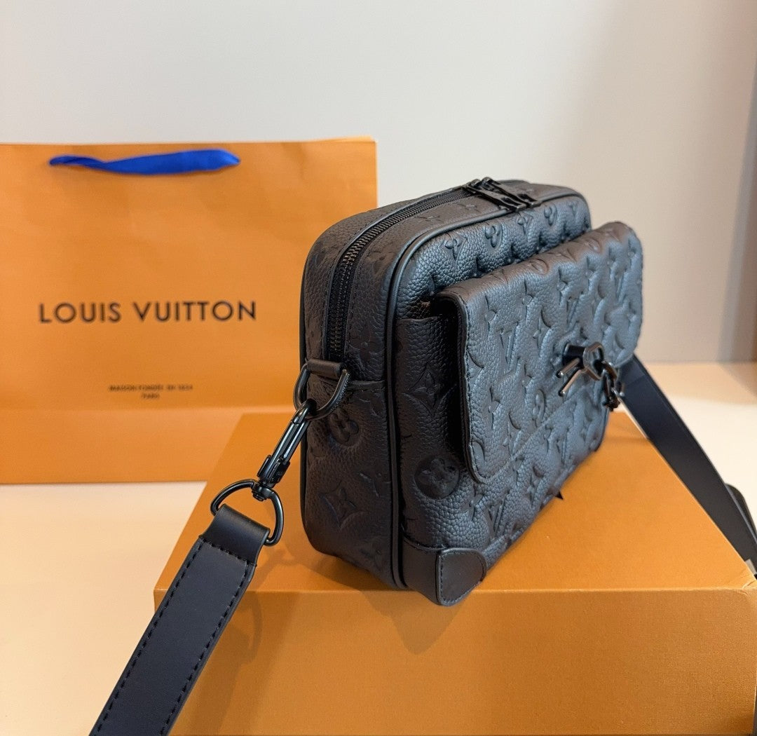 Louis Vuitton Crossbody Bag – Black Embossed Monogram with Chain Accent
