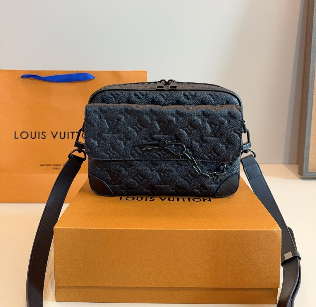 Louis Vuitton Crossbody Bag – Black Embossed Monogram with Chain Accent