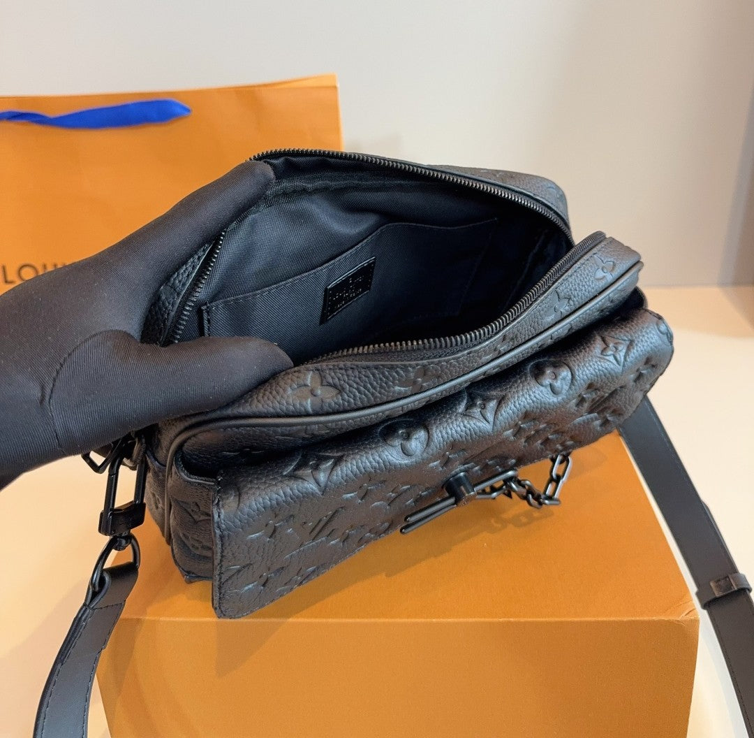 Louis Vuitton Crossbody Bag – Black Embossed Monogram with Chain Accent