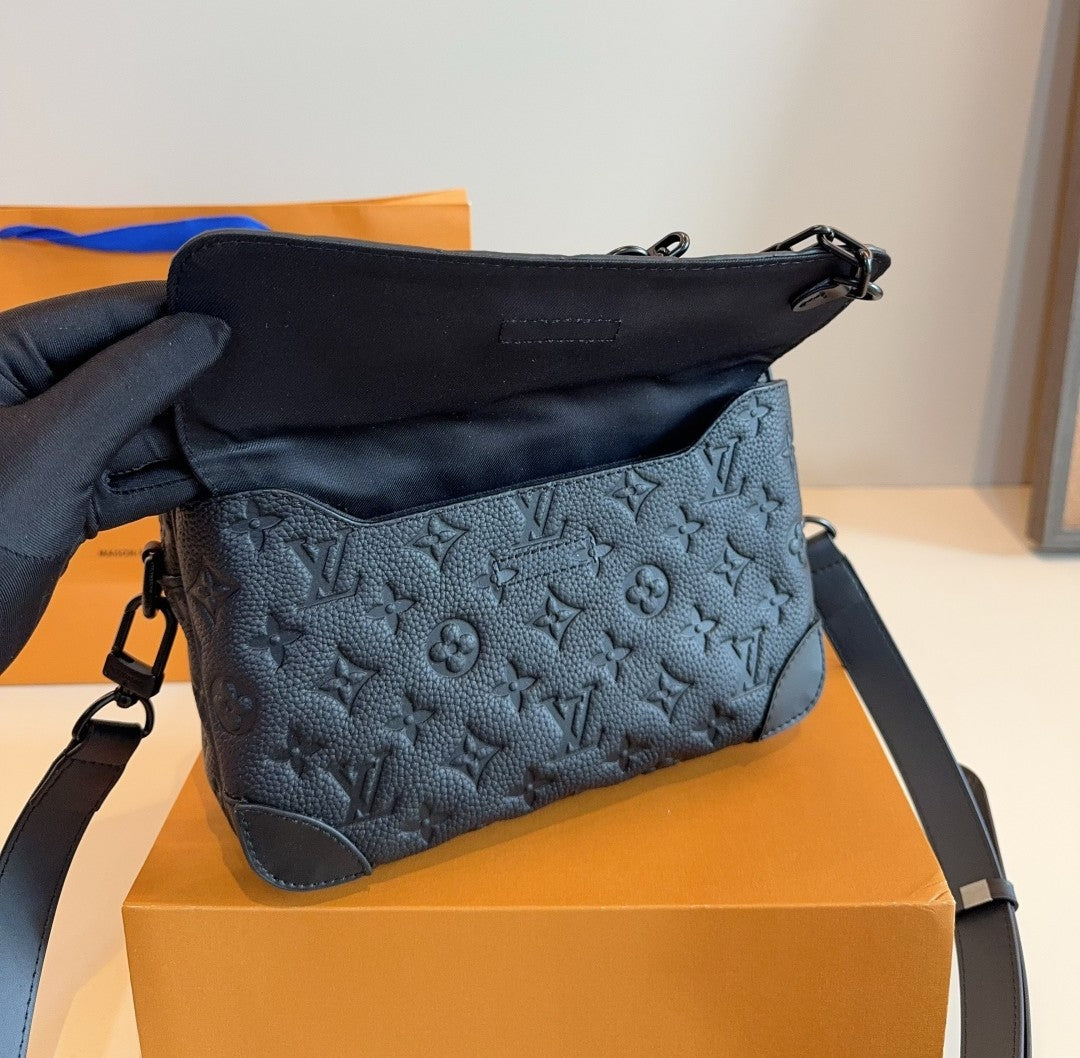 Louis Vuitton Crossbody Bag – Black Embossed Monogram with Chain Accent