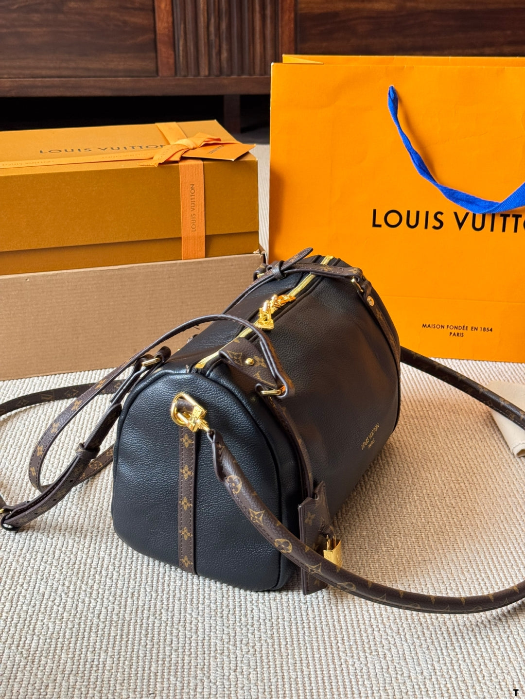 Louis Vuitton Monogram Accent Handbag – Black Leather with Gold Hardware