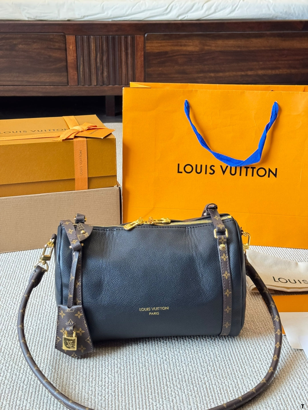 Louis Vuitton Monogram Accent Handbag – Black Leather with Gold Hardware