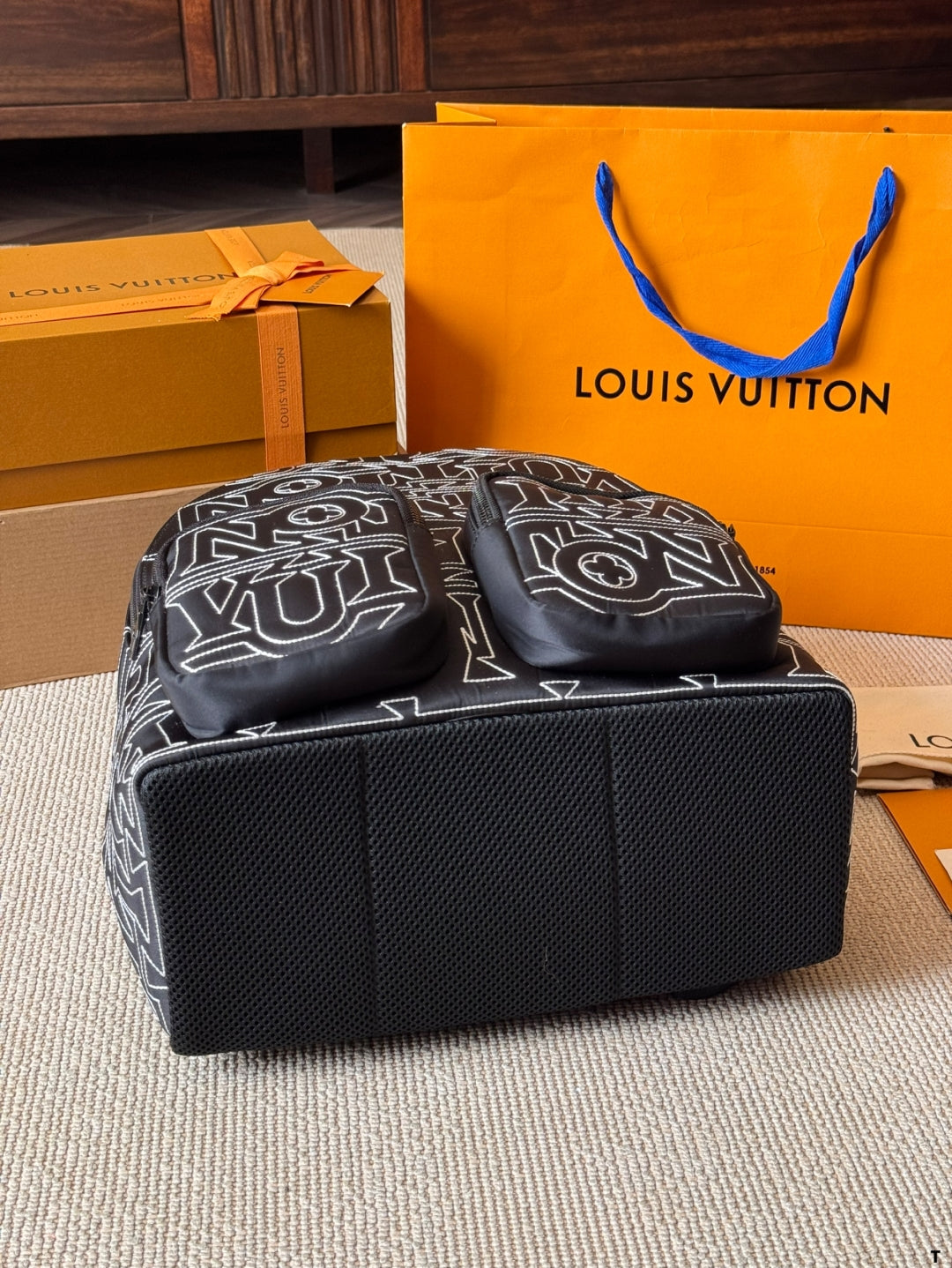 Louis Vuitton Statement Backpack – Black & White Graphic Print with Dual Pockets