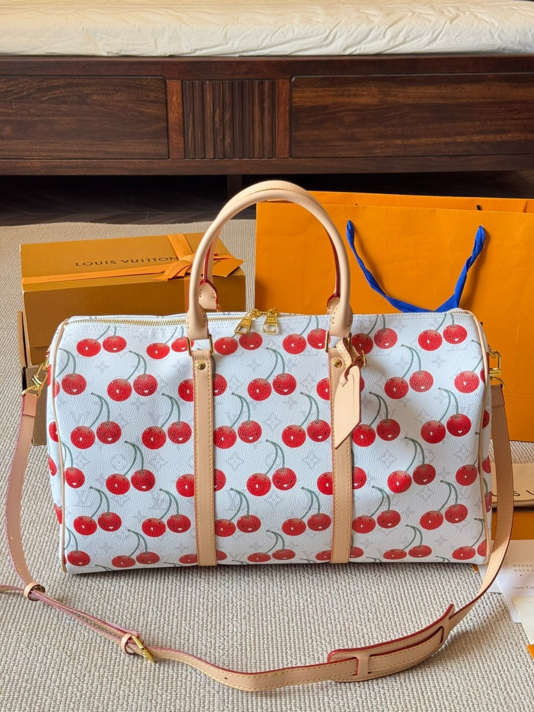 Louis Vuitton Keepall Bandoulière 45 – Cherry Print Monogram Canvas with Gold Hardware