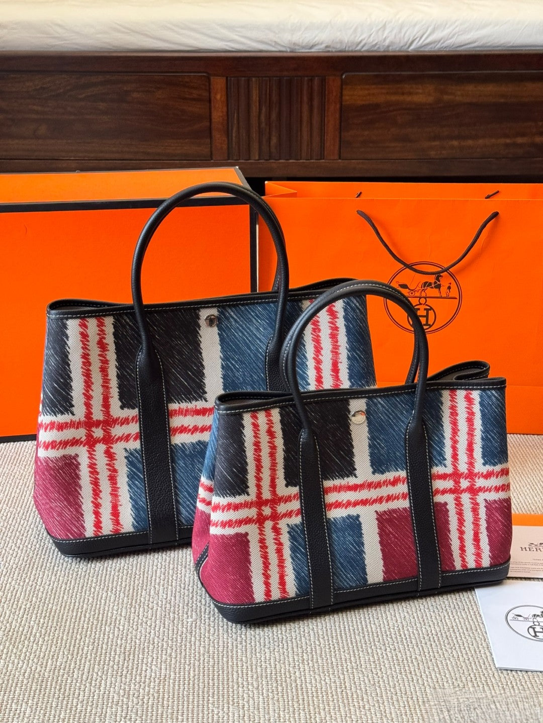 Hermès Garden Party Bags – 25 cm & 30 cm in Multicolor Brushstroke with Black Leather Trim