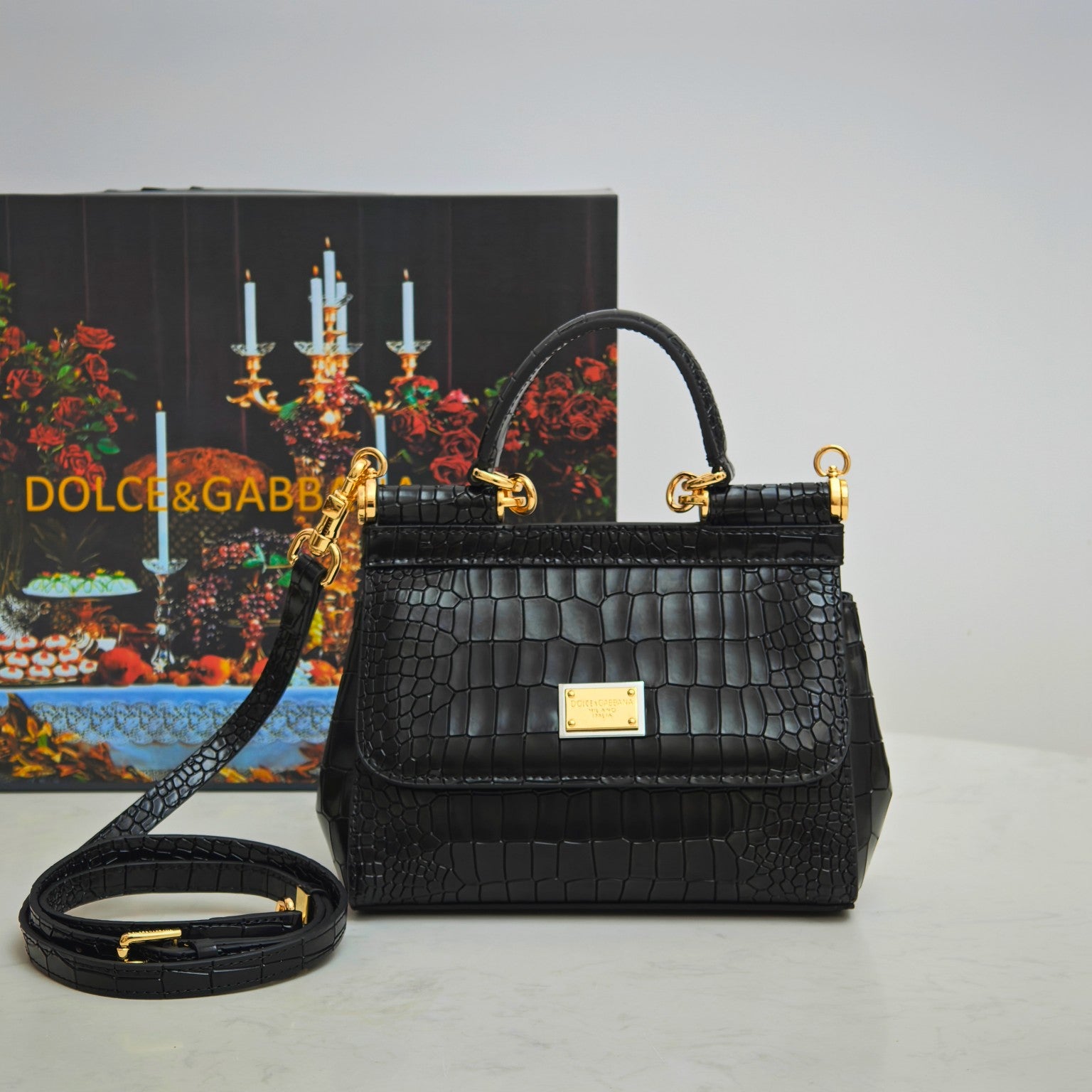 Dolce & Gabbana Classic Crocodile-Embossed Patent Calfskin Handbag