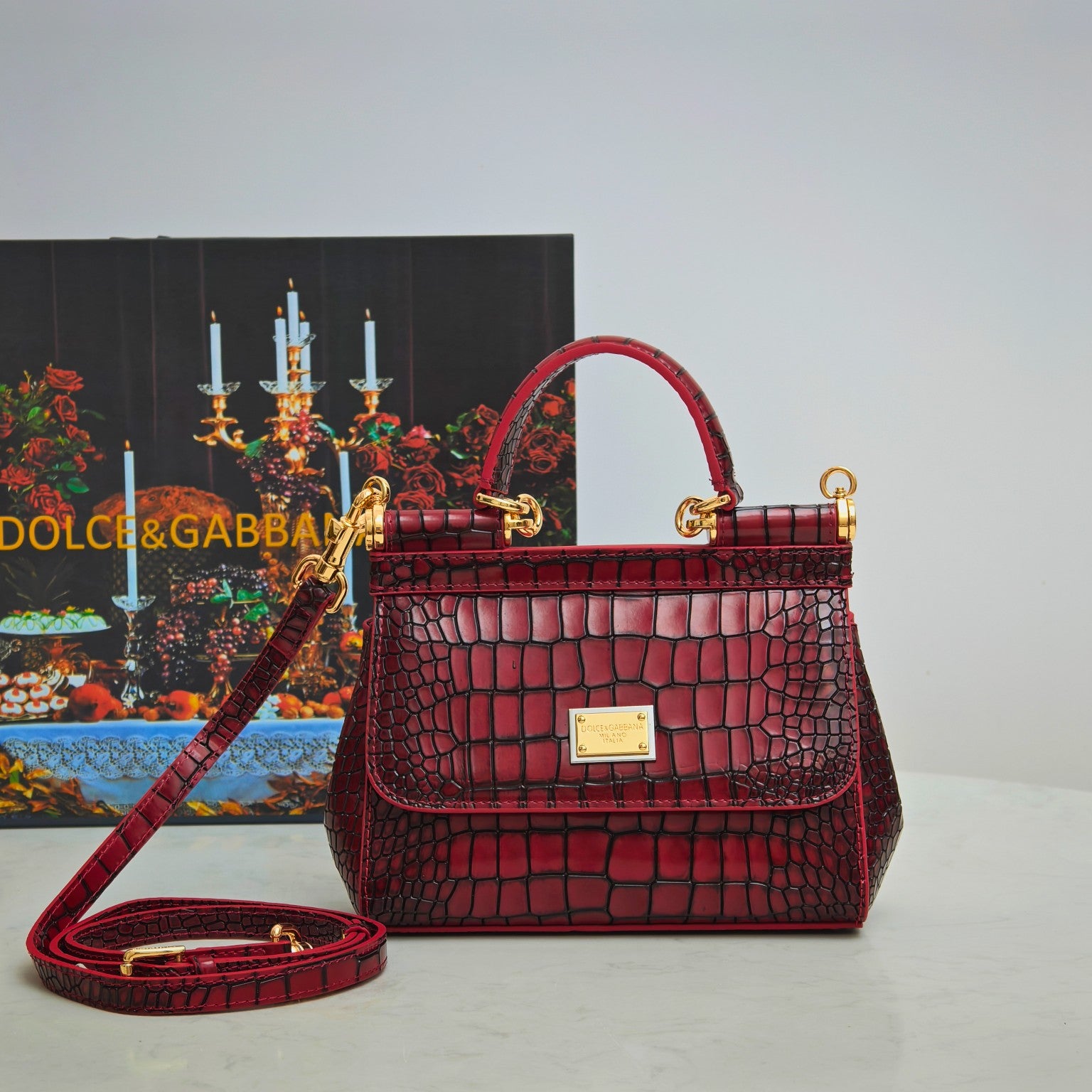 Dolce & Gabbana Classic Crocodile-Embossed Patent Calfskin Handbag