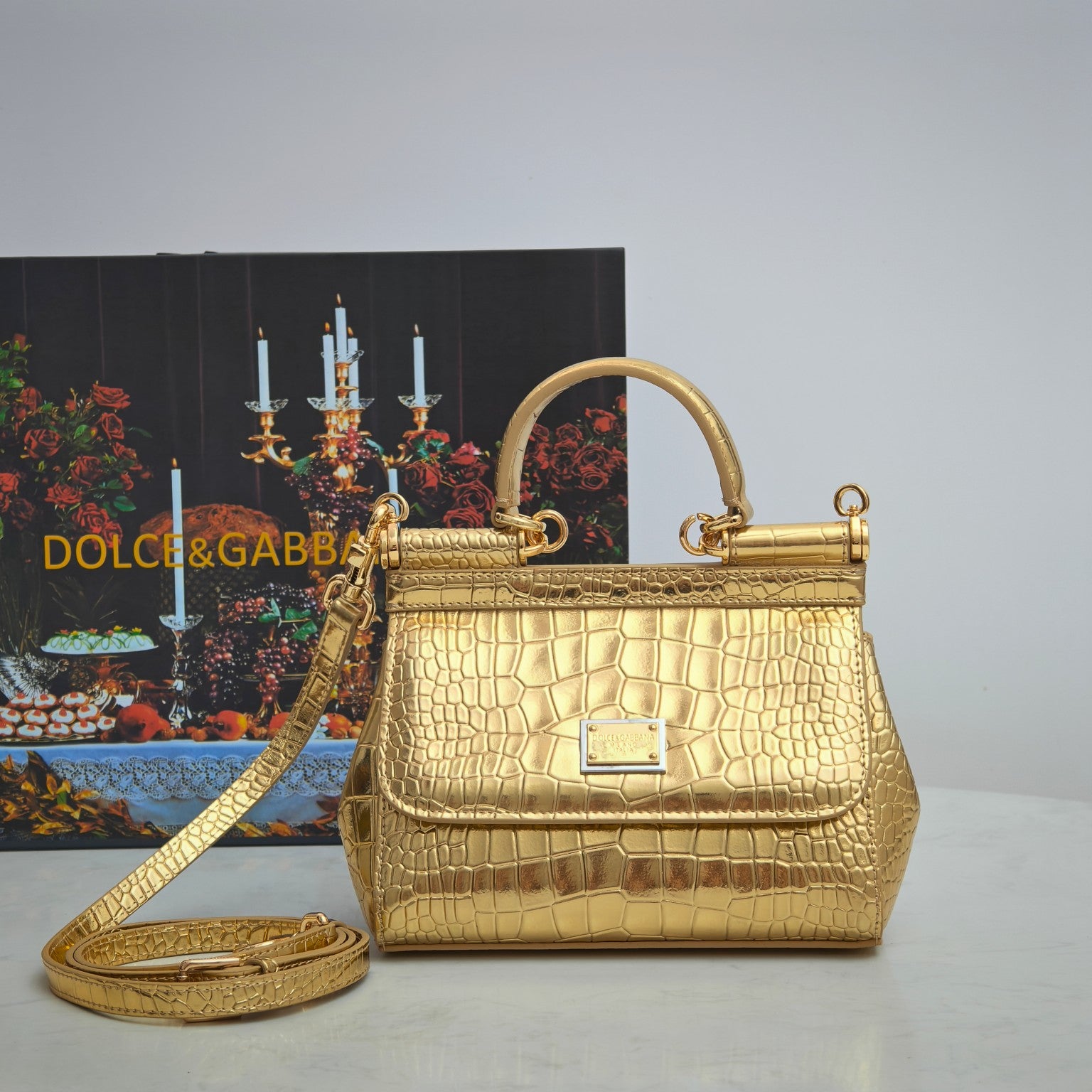 Dolce & Gabbana Classic Crocodile-Embossed Patent Calfskin Handbag