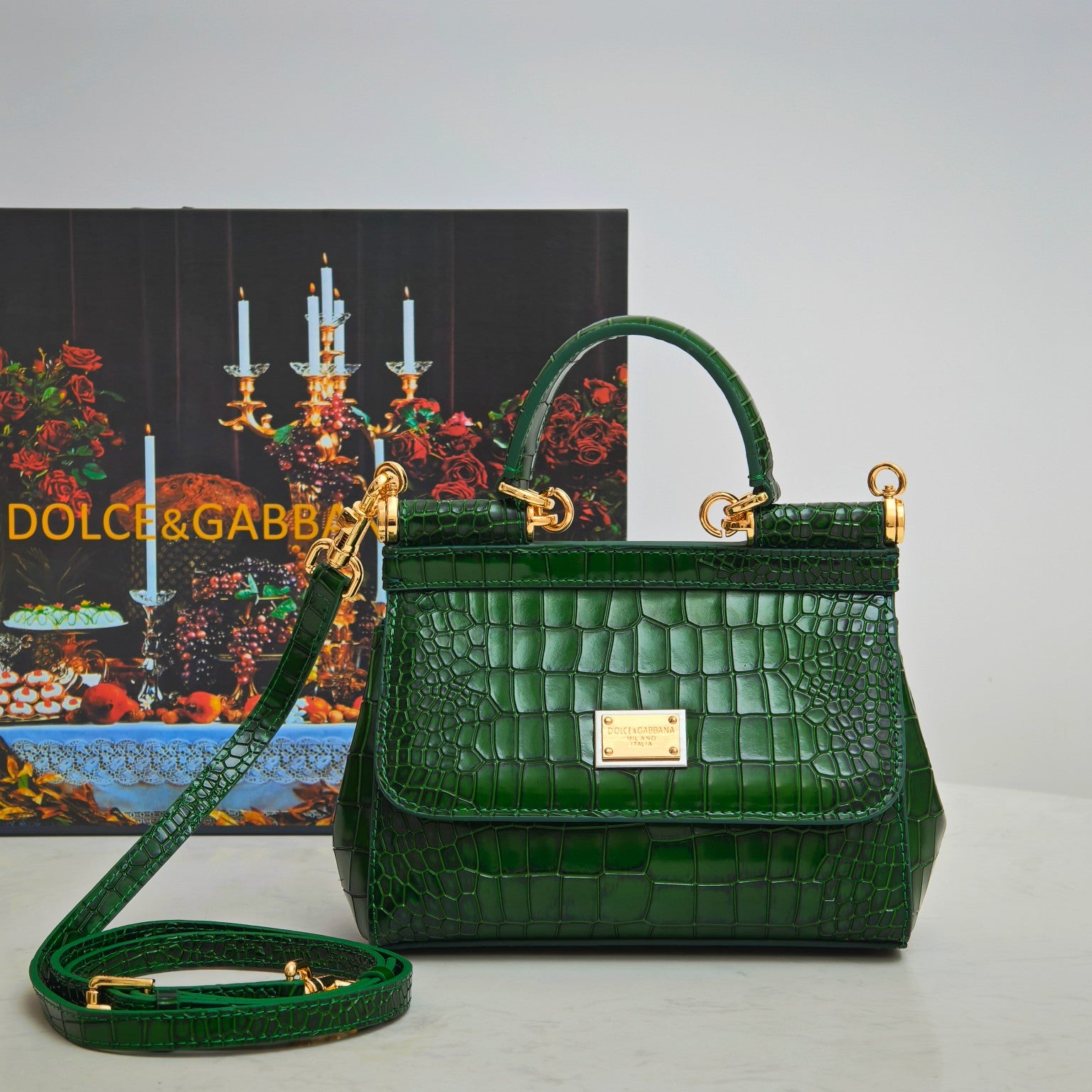 Dolce & Gabbana Classic Crocodile-Embossed Patent Calfskin Handbag