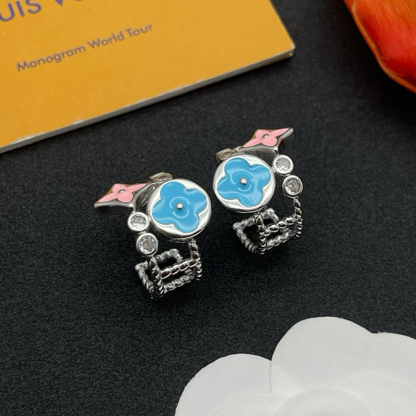 Louis Vuitton Monogram World Tour Earrings – Blue Enamel Flower with Pink Star & Crystal Accents