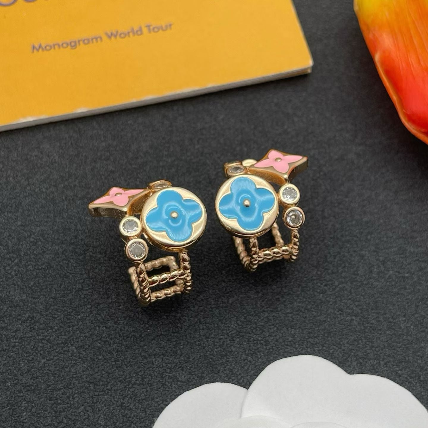 Louis Vuitton Monogram World Tour Earrings – Blue Enamel Flower with Pink Star & Crystal Accents