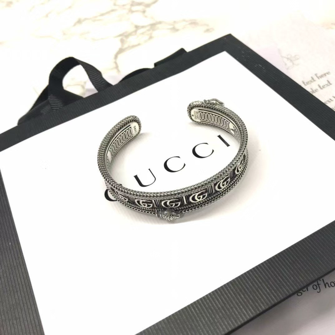 Gucci Garden Snake Bangle Bracelet – Aged Sterling Silver with Double G Motif