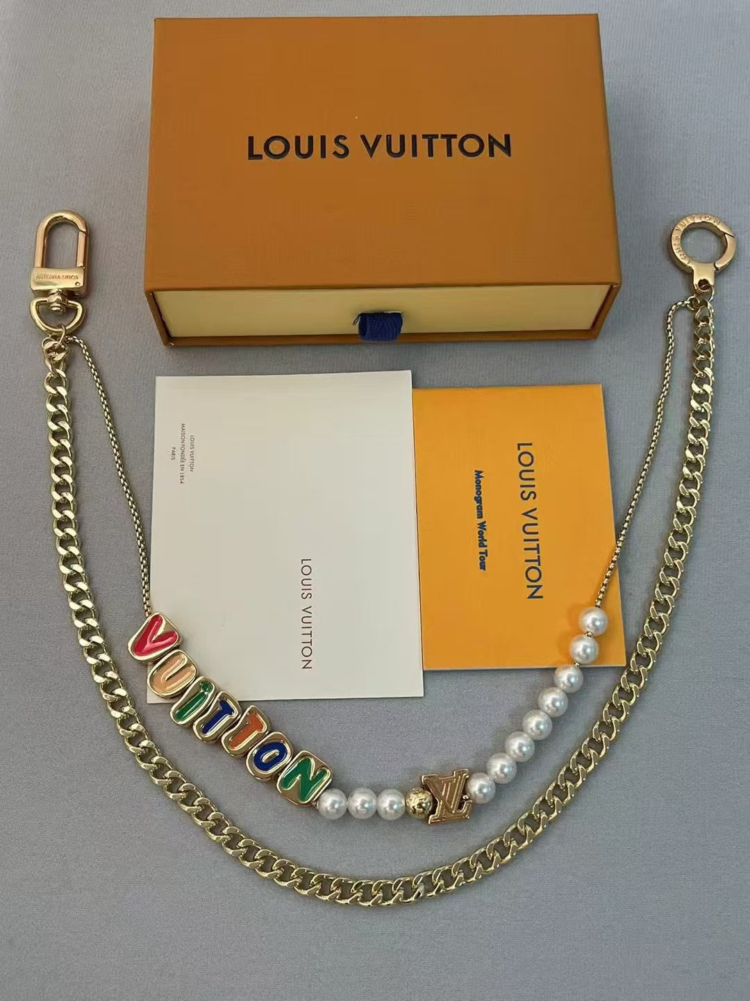 Louis Vuitton Statement Letter Necklace Duo – Black & Gold Chains with VUITTON Lettering & Logo Charms