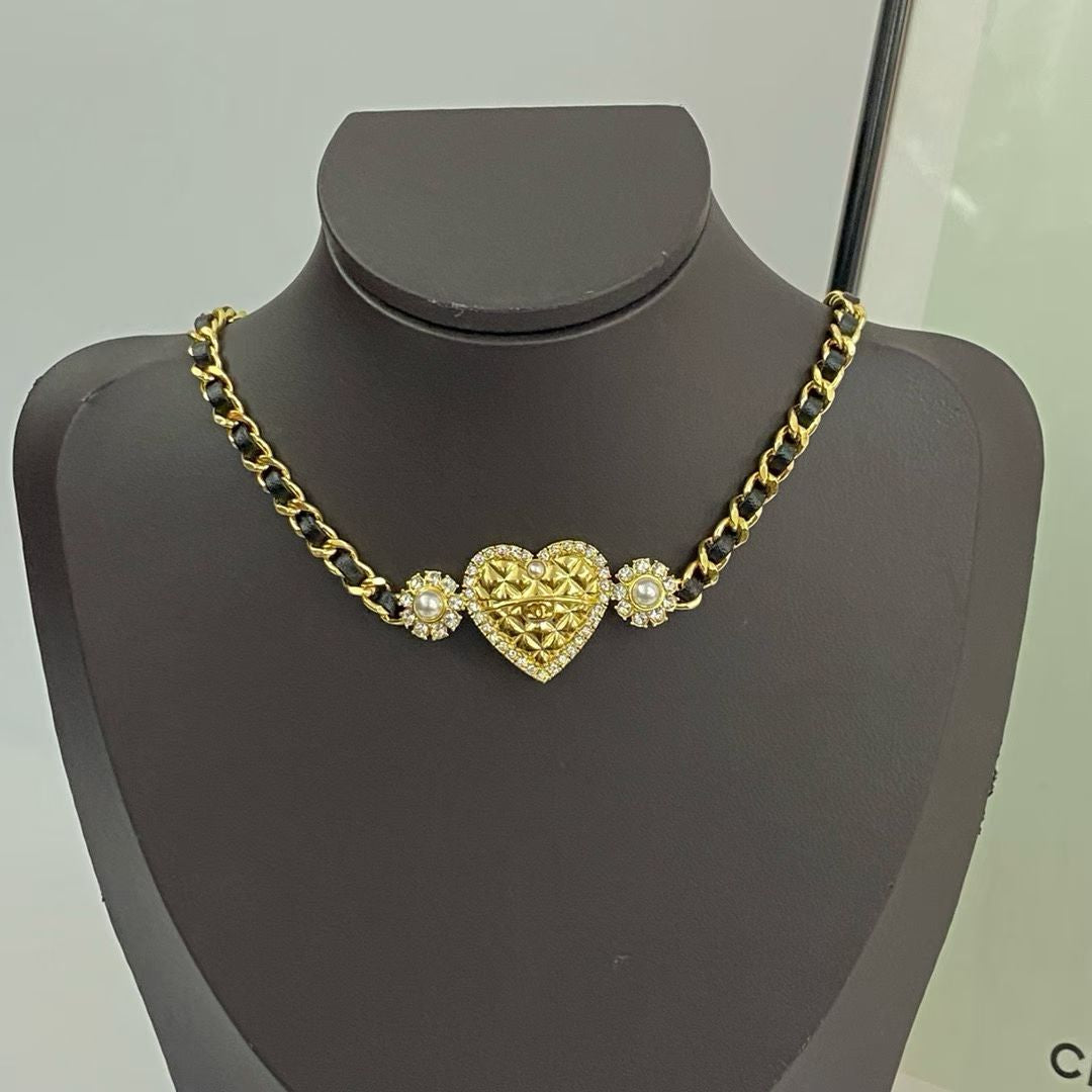 Chanel Gold Heart Necklace – Camellia Flowers with Pearl Centers & CC Logo Accent