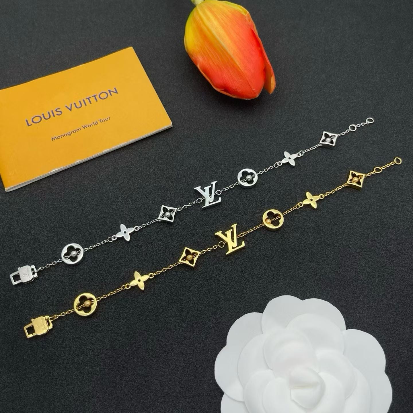 Louis Vuitton Monogram Symbol Bracelet – Silver & Gold Chain with LV & Clover Charms