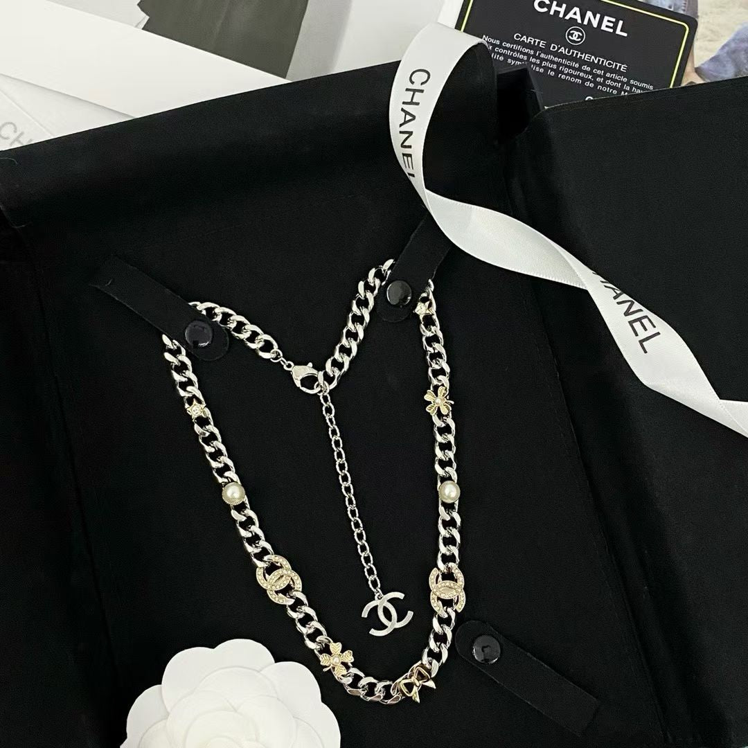 Chanel Statement Chain Necklace – Silver-Toned with Pearls, Star Charms & CC Logo