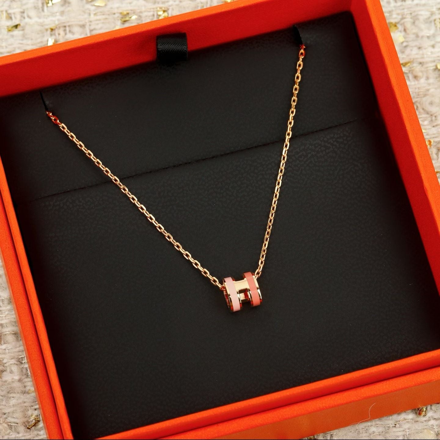 Hermès-Inspired “H” Pendant Necklace Barrel Enamel Design in Pink & White with Gold Chains