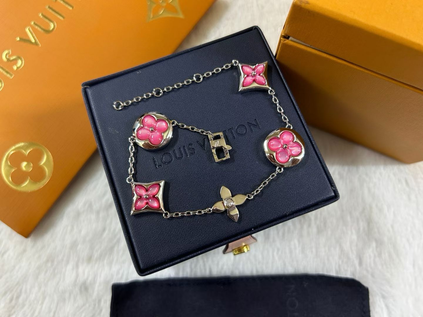 Louis Vuitton Clover Charm Bracelet – Monogram Motifs in Pink & Turquoise Enamel with Gold, Rose Gold & Silver Finishes