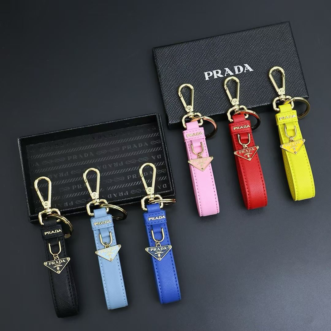 Prada Logo Keychain Leather Strap with Gold Triangle