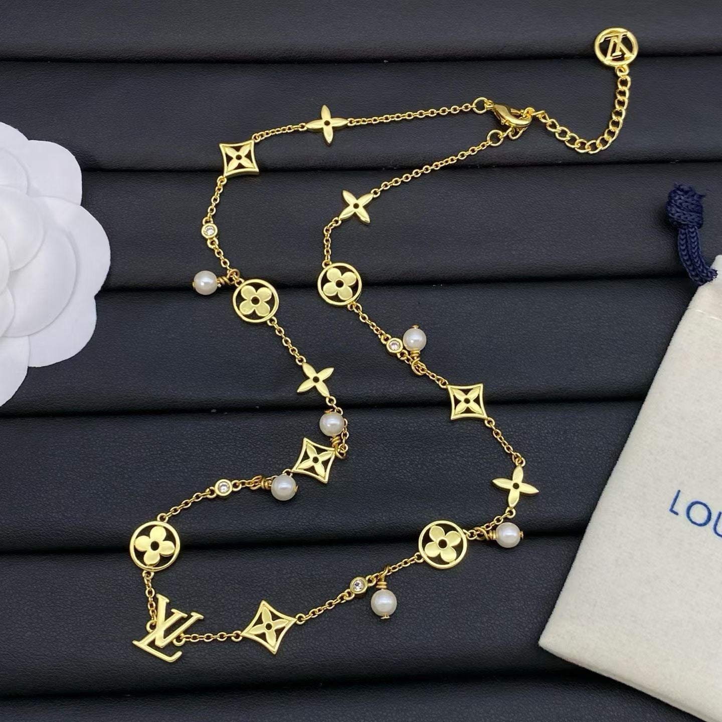 Louis Vuitton Pearl Monogram Necklace Gold & Silver Chain with LV Symbols and Beads