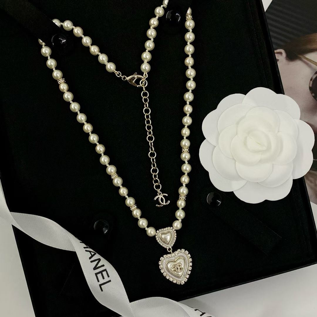 Chanel Pearl Heart Necklace White Pearls with Crystal Heart Pendant & Logo Charm
