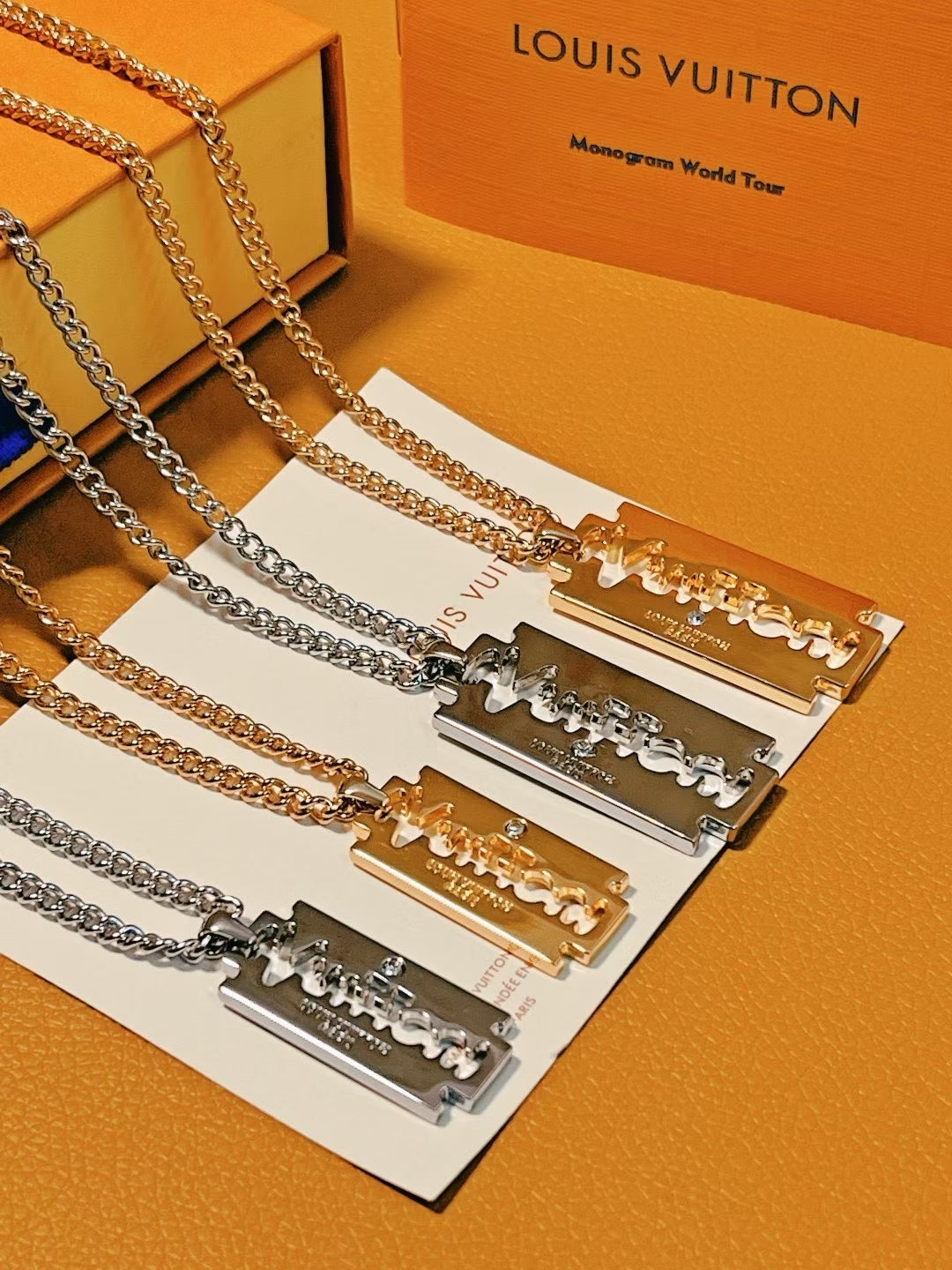 Louis Vuitton Razor Blade Pendant Necklace Set – Gold & Silver Monogram Edition