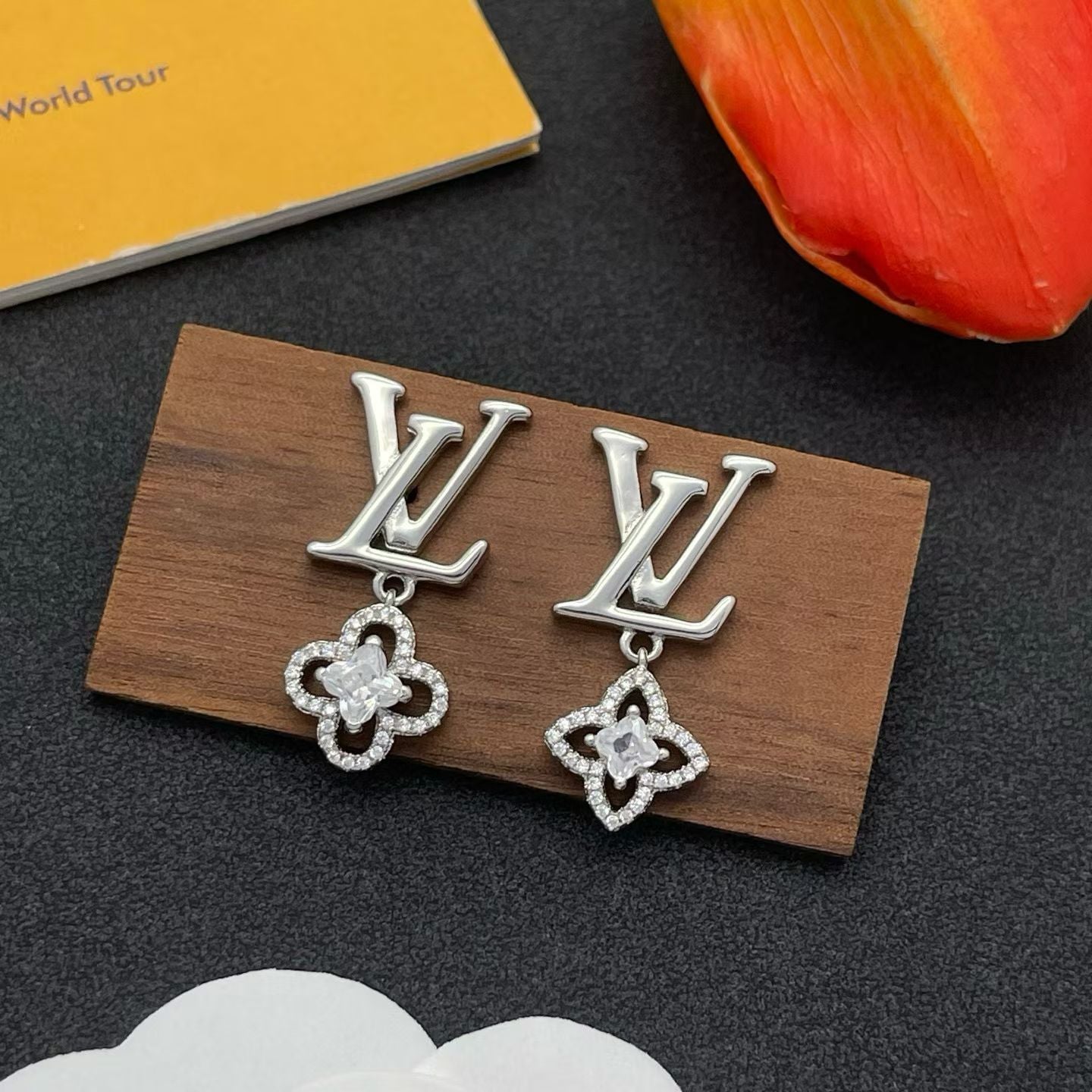 Louis Vuitton Monogram World Tour Earrings – LV Logo with Crystal Flower Drop in Gold & Silver